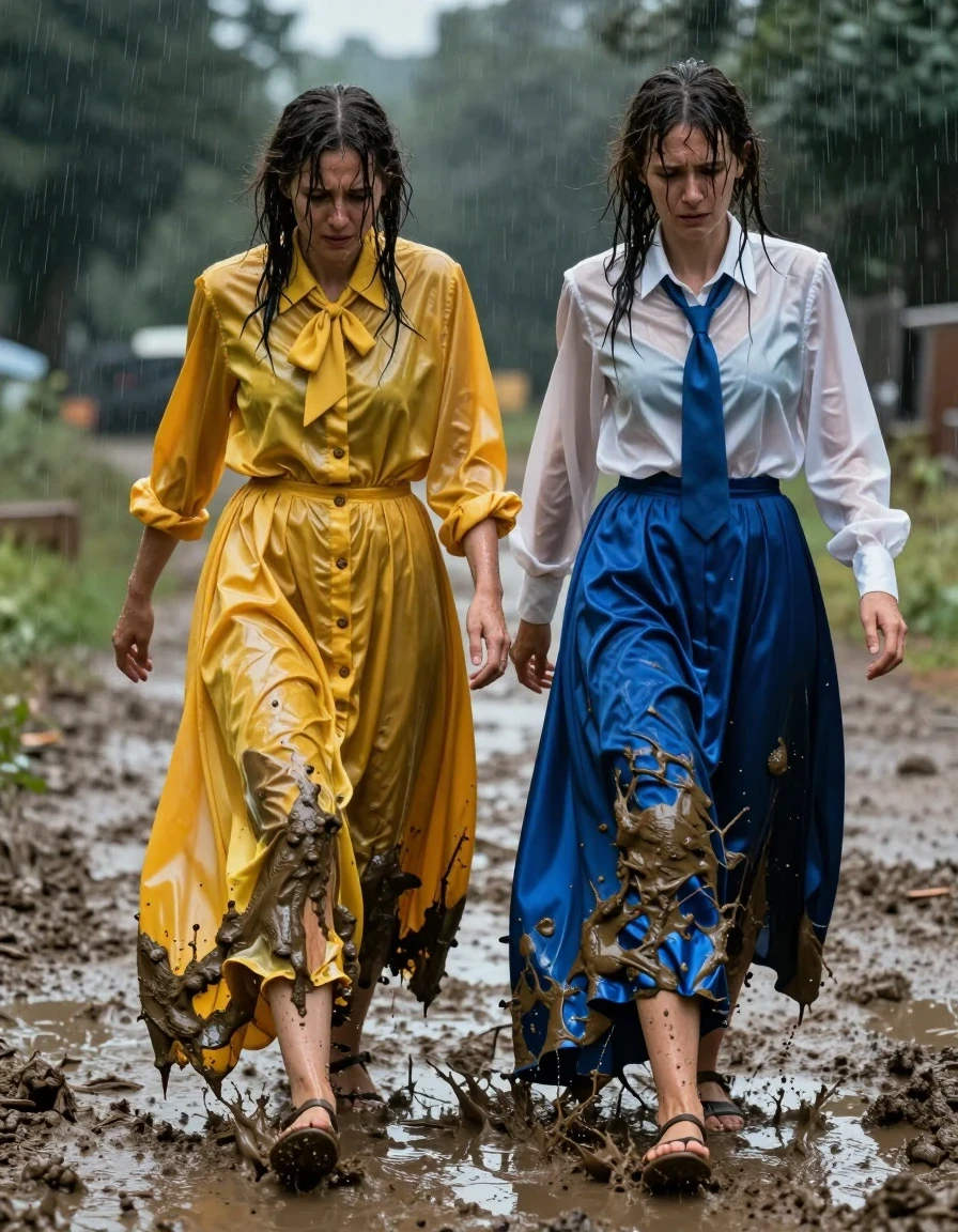 A hyper-realistic, photorealistic capture of two nerdy European lesbian teachers in their 30s struggling to walk on a treacherous, rain-slicked muddy road. The first woman wears an oversized yellow buttoned-down nylon dress with a bowtie; the second woman wears a white long-sleeved satin blouse with a blue necktie and a floor-length blue silk skirt. Both women are wearing sandals, their outfits ruined as their maxi-length skirts are far too long, dragging heavily through the thick, wet mud. The fabrics are visibly soaked and saturated, clinging to their bodies with dark, heavy folds and a wet, translucent sheen. Both women have damp, straggly hair and skin glistening with rain, their expressions a mix of frustration and clumsiness as they trip over their excess fabric. The environment is dark and stormy, with deep puddles reflecting the dim light, mud splatters covering their legs and hemlines, and the textures of the silk, nylon, and satin appearing weighted down and darkened by the water. Cinematic lighting, sharp focus on the textures of the wet mud and clinging textiles, high-contrast, 8k resolution, detailed skin pores and fabric weave.