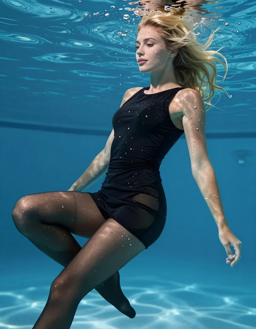 Full body professional RAW photo of a beautiful young blonde European woman floating underwater in a crystal-clear swimming pool. She is wearing a form-fitting black minidress and dark, sheer pantyhose, both clinging tightly to her body due to being completely drenched. The fabric of the minidress and the pantyhose is soaking wet, appearing significantly darker, translucent, and saturated, with visible wet textures, heavy folds, and water-sheen highlights adhering to her skin. Her face is wet with water droplets, and her hair is plastered against her head and shoulders. She has a serene, enjoying expression as she floats in the water. The scene is captured with sharp focus, ultra-high pixel detail, and professional underwater lighting that emphasizes the wetness of the clothes and skin. 8k, 16k, hyper-realistic, masterpiece, professionally color graded, vivid colors, high-contrast aquatic environment.