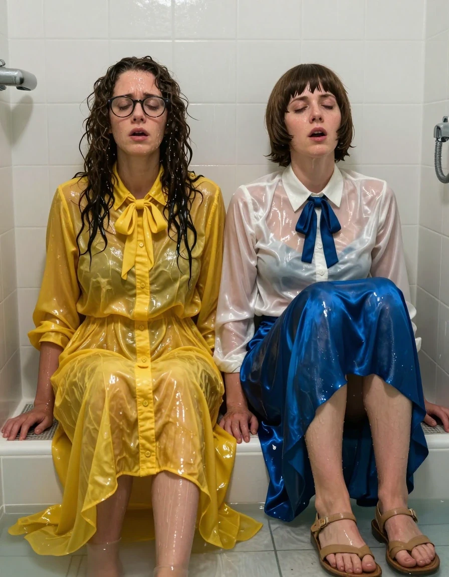Photorealistic medium shot of two exhausted lesbian teachers, a young adult European woman with long curly hair wearing glasses and a young adult European woman with a Beatles-style haircut, sitting on the tiled floor of an empty flooded shower with their backs against the wall, gasping for air. The curly-haired woman wears an oversized floor-length yellow buttoned-down nylon dress with a bowtie; the Beatles-haired woman wears a white long-sleeved satin blouse with a blue necktie and a floor-length blue silk skirt pulled up and bunched at the knees. Both women wear simple sandals. The scene is saturated with water; their hair is matted and dripping, skin slick with moisture and glistening under the overhead light, and their clothing is heavy, clinging, and translucent where soaked. The yellow nylon dress is darkened and clings to the skin with heavy wet folds, while the white satin blouse is sheer and clinging, and the blue silk skirt is dark, heavy, and saturated with water. The shower environment is flooded with a thin layer of water reflecting the subjects. High-contrast lighting, sharp focus on skin texture and fabric weave, hyper-realistic wetness, exhausted facial expressions, cinematic composition.