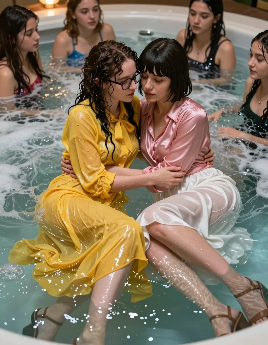 A hyper-realistic, photorealistic scene of two lesbian nerdy teachers relaxing in each other's arms inside a bubbling jacuzzi, surrounded by several 19-year-old girls. The first teacher is a young adult European woman with long curly hair and glasses, wearing an oversized floor-length yellow buttoned-down nylon dress with a bowtie; the second teacher has Beatles-style hair and wears a pink long-sleeved satin blouse paired with a floor-length white silk skirt. Both teachers wear sandals. The fabrics are explicitly soaking wet, clinging heavily to their bodies with deep color saturation, darkened tones, and translucent, water-heavy folds that reveal texture and sheen. Their hair is slicked back and dripping, and their skin has a realistic, glistening wet sheen. The water in the jacuzzi is turbulent with foam and highlights, reflecting the warm indoor ambient lighting. The composition is a cinematic medium-full shot capturing the intimate embrace of the teachers amidst the relaxed group of young women, focusing on the tactile quality of the wet fabrics and the realistic water droplets on skin, sharp focus, 8k resolution, highly detailed textures, vibrant color grading.