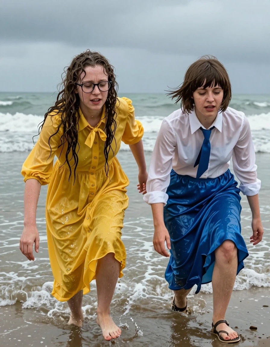 A hyper-realistic cinematic shot of two exhausted young adult European women, both nerdy teachers, struggling to crawl out of the surf onto a North Sea beach. The first woman has long curly hair and is wearing glasses and an oversized floor-length yellow buttoned-down nylon dress with a bowtie; the second woman has a Beatles-style haircut and wears a white long-sleeved satin blouse with a blue necktie and a floor-length blue silk skirt. Both women are wearing sandals. The clothing is completely soaked, heavy with water, clinging to their bodies, and showing deep, saturated colors with heavy folds and high-gloss specular reflections from the cold North Sea water. Their skin is glistening with wetness, and their hair is matted and dripping. They are captured in a desperate, strained crawling pose on the wet, dark sand, their expressions showing extreme exhaustion and physical struggle. The lighting is the overcast, moody, cool-toned natural light of a stormy North Sea day, with realistic water sheen on all surfaces, detailed fabric textures, and visible sand particles clinging to the wet garments.