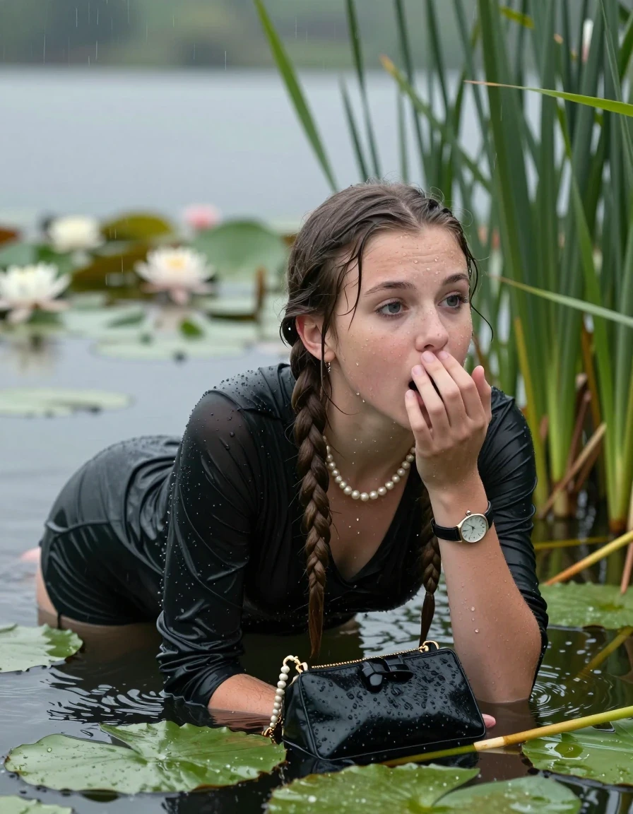 photo of young woman, in soaking wet, drenched clothes,
, , Short black dress, handbag, pearl necklace, bracelet, wristwatch , Emerging after diving in a lake with water lilies and reeds, rain , 
enjoying, wet clothes stuck to body,
detailed textures of the wet clothes, wet face, wet plastered hair,
wet, drenched, professional, high-quality details, full body view.
sharp focus, ultra-high pixel detail, realistic, high-quality, full colors, incredibly detailed, 4k, 8k, 16k, hyper-realistic, RAW photo, masterpiece, ultra-detailed, professionally color graded, professional photograph, Two long braids

15 years old  teenage girl

Laying her breast on the surface.  Looking slightly away. Hold her hand on mouth.

she is completely underwater up to her neck, afraid and astonished expression. 

She hides in the reeds and is surprised by spectators

her submerged clothes are hardly vusible under water, she soaked her handbag into the water

close up view, wet skin, wet clothes, wet hair, damp fabric, water runs down the clothes, wet skin, wet clothes, damp fabric, wet skin, wet clothes, damp fabric, wet skin, wet clothes, damp fabric, wet skin, wet clothes, damp fabric, wet skin, wet clothes, damp fabric, wet skin, wet clothes, damp fabric, wet skin, wet clothes, damp fabric, wet skin, wet clothes, damp fabric, wet skin, wet clothes, damp fabric, wet skin, wet clothes, damp fabric, wet skin, wet clothes, damp fabric, wet skin, wet clothes, damp fabric, wet skin, wet clothes, damp fabric, wet skin, wet clothes, damp fabric, wet skin, wet clothes, damp fabric, wet skin, wet clothes, damp fabric, wet skin, wet clothes, damp fabric, wet skin, wet clothes, damp fabric