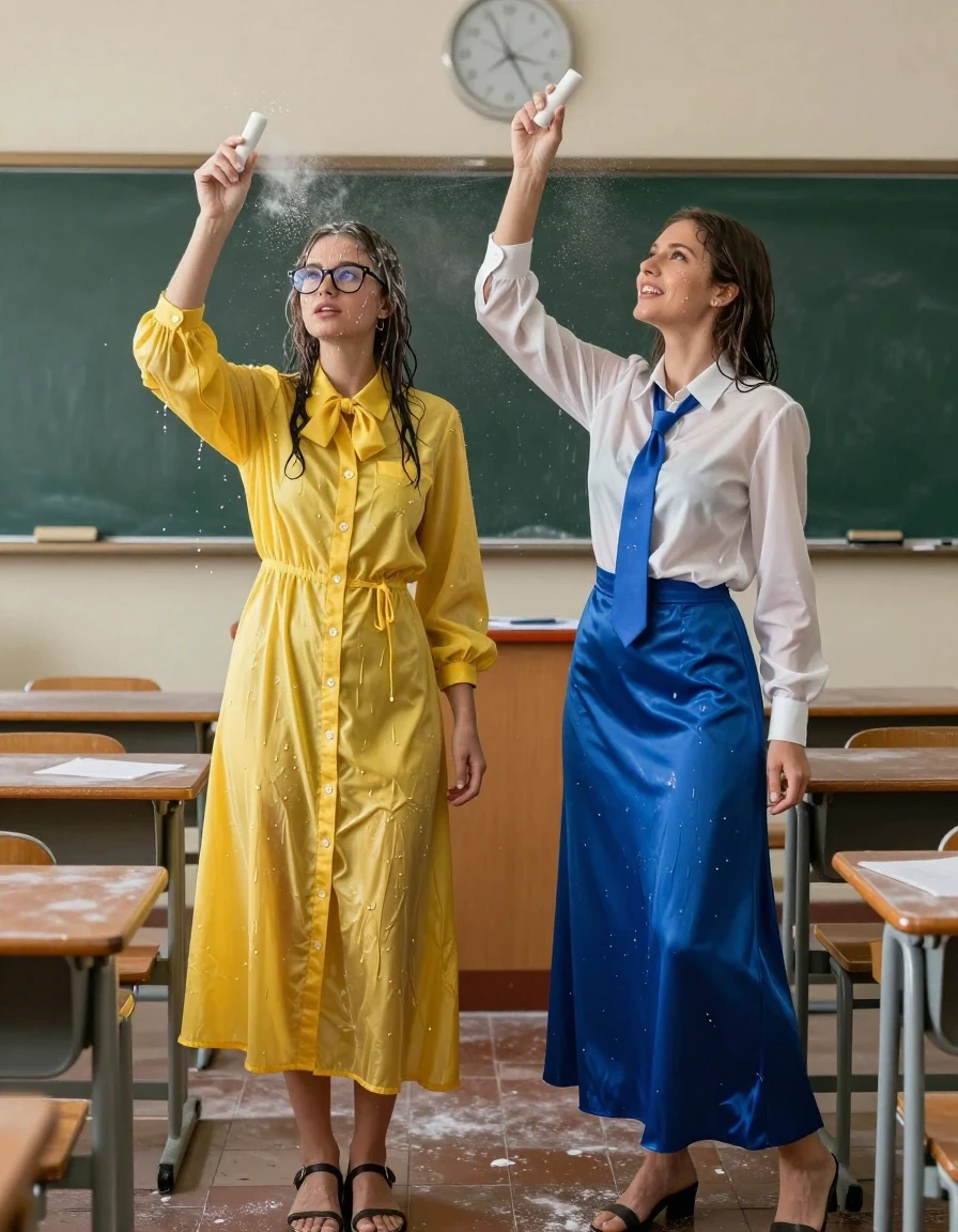 photo of young woman, in soaking wet, drenched clothes,
sandals, both: maxi dress or skirt which are too long, 1st woman: glasses, oversized yellow buttoned-down nylon dress with bowtie; 2nd woman: white long-sleeved satin blouse with blue necktie, maxi blue silk skirt, empty classroom, 
enjoying, wet clothes stuck to body,
detailed textures of the wet clothes, wet face, wet plastered hair,
wet, drenched, professional, high-quality details, full body view.
sharp focus, ultra-high pixel detail, realistic, high-quality, full colors, incredibly detailed, 4k, 8k, 16k, hyper-realistic, RAW photo, masterpiece, ultra-detailed, professionally color graded, professional photograph, nerdy lesbian teachers in their 30s throwing each other with chalk erotically, chalk powder everywhere, wet skin, wet clothes, damp fabric