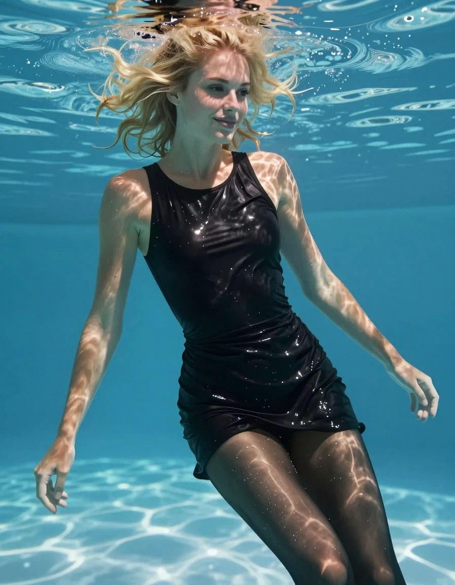 Full body professional RAW photograph of a beautiful young blonde European woman floating underwater in a crystal-clear swimming pool. She is wearing a black minidress and dark see-through pantyhose, both soaking wet and drenched, with the fabric clinging tightly to her body, showing heavy wet folds, deep saturated color, and visible textures. Her hair is wet and plastered to her head, skin is glistening with a water sheen, and her expression is one of enjoyment. The lighting captures strong glossy specular reflections on the wet fabric, skin, and hair. Sharp focus, ultra-high pixel detail, hyper-realistic, 8k resolution, professionally color-graded, masterpiece, high-quality, full colors, incredibly detailed, underwater environment with light rays refracting through the water.