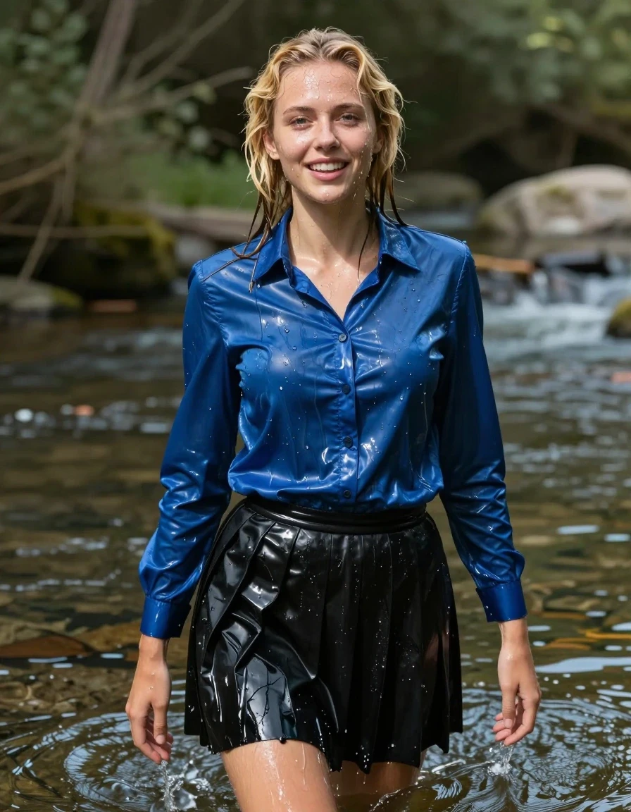 photo of young woman, in soaking wet, drenched clothes,
Black school skirt, Satin blue long sleeve blouse, very shiny, no bra, river, 
enjoying, wet clothes stuck to body,
detailed textures of the wet clothes, wet face, wet plastered hair,
wet, drenched, professional, high-quality details, full body view.
sharp focus, ultra-high pixel detail, realistic, high-quality, full colors, incredibly detailed, 4k, 8k, 16k, hyper-realistic, RAW photo, masterpiece, ultra-detailed, professionally color graded, professional photograph, wet skin, wet clothes, damp fabric