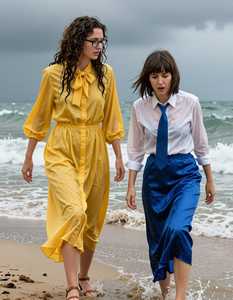 photo of young woman, in soaking wet, drenched clothes,
sandals, both: floor-length long dress or skirt, 1st long curly haired woman: glasses, oversized  floor-length yellow buttoned-down nylon dress with bowtie; 2nd Beatles haired woman: white long-sleeved satin blouse with blue necktie,  floor-length blue silk skirt, on a beach during a storm, 
enjoying, wet clothes stuck to body,
detailed textures of the wet clothes, wet face, wet plastered hair,
wet, drenched, professional, high-quality details, full body view.
sharp focus, ultra-high pixel detail, realistic, high-quality, full colors, incredibly detailed, 4k, 8k, 16k, hyper-realistic, RAW photo, masterpiece, ultra-detailed, professionally color graded, professional photograph, lesbian nerdy teachers struggling to crawl out to the shore from the sea, completely exhausted, gasping fro air, wet skin, wet clothes, damp fabric