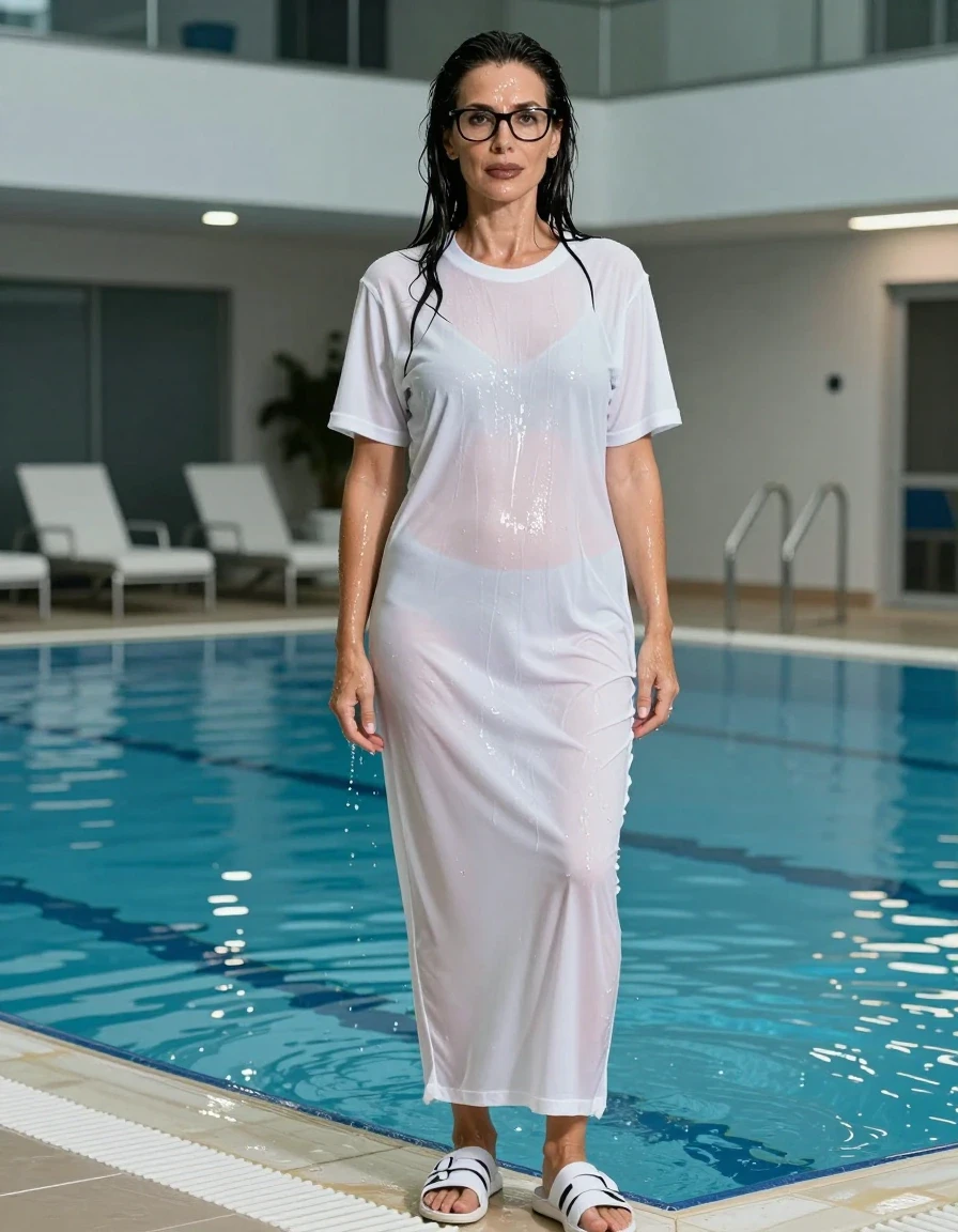 photo of young woman, in soaking wet, drenched clothes,
adidas shoes, maxi white adidas t-shirt dress with short sleeves, maxi white adidas t-shirt dress with short sleeves, shower after swim in indoor swimming pool, enjoying wet clothes stuck body, enjoying, wet clothes stuck to body, 
enjoying, wet clothes stuck to body,
detailed textures of the wet clothes, wet face, wet plastered hair,
wet, drenched, professional, high-quality details, full body view.
sharp focus, ultra-high pixel detail, realistic, high-quality, full colors, incredibly detailed, 4k, 8k, 16k, hyper-realistic, RAW photo, masterpiece, ultra-detailed, professionally color graded, professional photograph, europen brunette skinny woman 50 years old, long dark black hair, very big and thick lips,  office glasses, complete body, wet skin, wet clothes, damp fabric, wet skin, wet clothes, damp fabric, wet skin, wet clothes, damp fabric, wet skin, wet clothes, damp fabric, wet skin, wet clothes, damp fabric