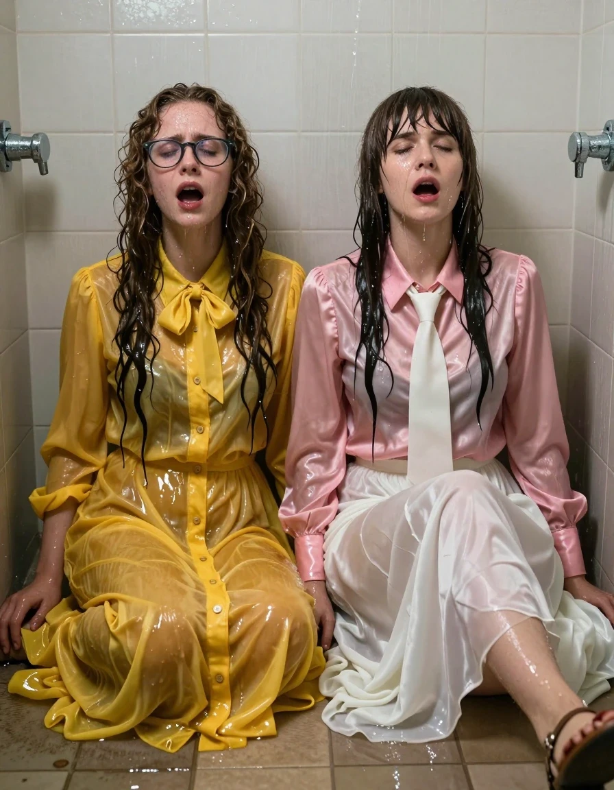 A photorealistic, highly detailed shot of two young adult European women, both nerdy teachers, sitting on the floor of an empty flooded shower with their backs against the tiled wall, gasping for air, exhausted, post-intimacy. The first woman has long curly hair and wears glasses, dressed in an oversized floor-length yellow buttoned-down nylon dress with a bowtie. The second woman has Beatles-style hair and wears a long-sleeved pink satin blouse with a white necktie and a floor-length white silk skirt. Both women are wearing sandals. Their skin is glistening with water, and their long hair is matted and wet. Their clothing is thoroughly soaked, clinging to their bodies, with the yellow nylon and white silk fabric appearing translucent, darkened, and heavy with water, showing deep folds, water sheen, and realistic damp textures. The flooded shower environment features water pooling on the floor, reflecting light, with wet tiles and a humid, steamy atmosphere. The lighting is dramatic and moody, highlighting the wet skin and saturated fabrics, captured with high-fidelity photographic clarity, sharp focus on expressions and textures, 8k resolution.