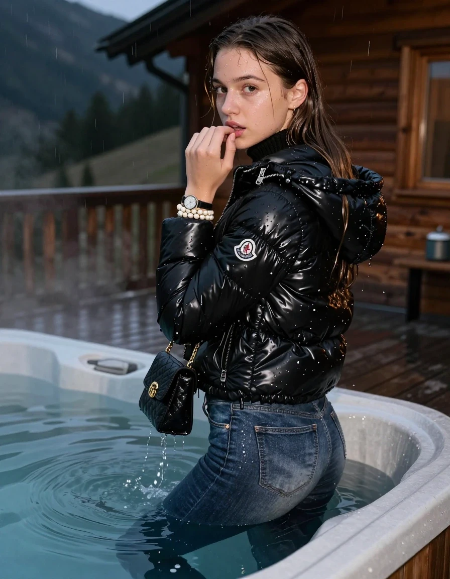 photo of young woman, in soaking wet, drenched clothes,
, Drenched and soaked tight skinny jeans, Moncler black shiny Puffer down jacket,  knit turtelneck sweater, handbag, pearl necklace, bracelet, wristwatch , A realistic vertical fashion photograph of a 15-year-old girl submerged at the edge of a steaming hot tub on a wooden mountain cabin deck at night. She is looking back over her shoulder toward the camera with an expectant and playful expression. Rain. , 
enjoying, wet clothes stuck to body,
detailed textures of the wet clothes, wet face, wet plastered hair,
wet, drenched, professional, high-quality details, full body view.
sharp focus, ultra-high pixel detail, realistic, high-quality, full colors, incredibly detailed, 4k, 8k, 16k, hyper-realistic, RAW photo, masterpiece, ultra-detailed, professionally color graded, professional photograph, Sleek long straight hair

15-years-old teenage girl. 

Hold a hand on her mouth.

she is completely underwater up to her neck, enjoying expression.

her submerged clothes are hardly visible under water, she soaked her handbag into the water

close up view, wet skin, wet clothes, wet hair, damp fabric, water runs down the clothes, wet skin, wet clothes, damp fabric, wet skin, wet clothes, damp fabric, wet skin, wet clothes, damp fabric, wet skin, wet clothes, damp fabric, wet skin, wet clothes, damp fabric, wet skin, wet clothes, damp fabric, wet skin, wet clothes, damp fabric, wet skin, wet clothes, damp fabric, wet skin, wet clothes, damp fabric, wet skin, wet clothes, damp fabric, wet skin, wet clothes, damp fabric, wet skin, wet clothes, damp fabric, wet skin, wet clothes, damp fabric, wet skin, wet clothes, damp fabric, wet skin, wet clothes, damp fabric, wet skin, wet clothes, damp fabric, wet skin, wet clothes, damp fabric, wet skin, wet clothes, damp fabric, wet skin, wet clothes, damp fabric, wet skin, wet clothes, damp fabric