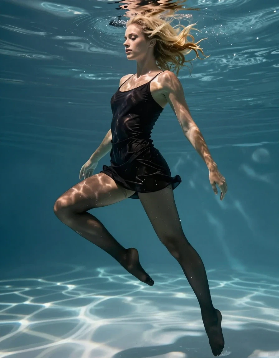 Full body professional RAW photograph of a blonde European woman floating gracefully underwater in a swimming pool. She is wearing a soaking-wet black minidress and dark see-through pantyhose, with the fabric completely drenched, translucent, and clinging tightly to her body, showcasing detailed textures of the saturated material, deep dark tones, and visible folds. Her hair is wet and plastered to her face and head, skin glistening with water sheen and reflections. She is barefoot, with a serene expression, weightless in the water. The scene features crystal clear pool water, light caustic patterns dancing across her skin and clothes, professional high-contrast underwater lighting, sharp focus on the wet fabric textures, 8k resolution, hyper-realistic, masterpiece, cinematic color grading.