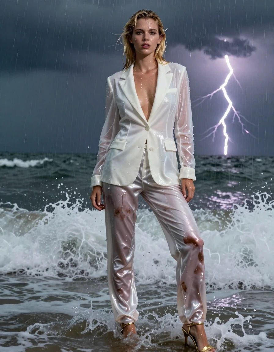 A stunning young adult European woman with blonde hair, standing in the turbulent surf during a dramatic thunderstorm. Her skin is glistening with wetness, with water droplets and a slick sheen clinging to her arms, face, and shoulders. She is wearing a white blazer that is heavily soaked, with the fabric turned translucent and clinging to her frame, showing heavy wet folds and a saturated texture. Beneath, she wears satin pants that are completely drenched, displaying deep, dark patches where the water has been absorbed, with the fabric clinging to her legs and exhibiting a high-gloss, reflective sheen characteristic of wet synthetic satin. She is wearing strappy gold stilettos that are partially submerged in the churning ocean water. The atmosphere is dark and moody, with flashes of lightning illuminating the rain-streaked air and the spray of the waves. Photorealistic, 8k resolution, cinematic lighting, high-contrast, sharp focus on the textures of the wet fabrics and glistening skin, hyper-detailed water droplets and ocean foam.
