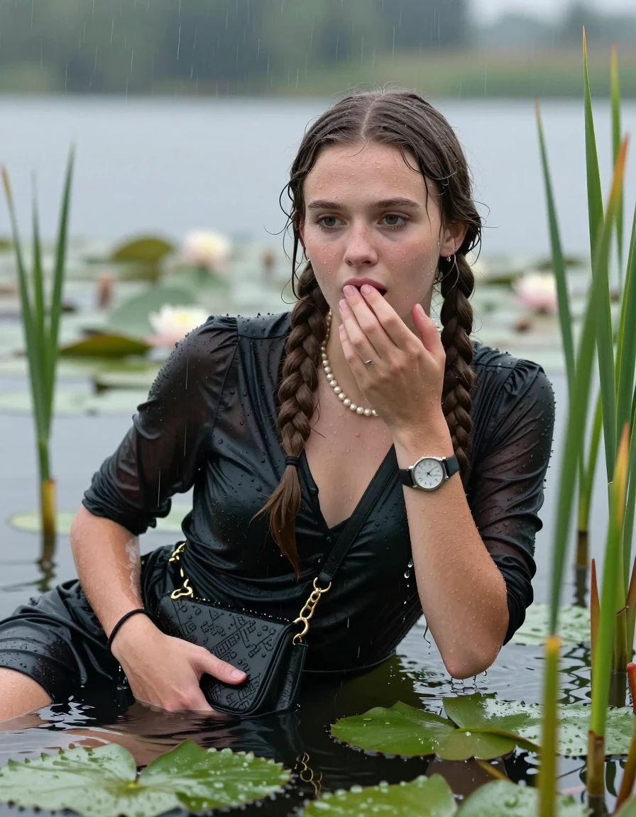 photo of young woman, in soaking wet, drenched clothes,
, , Short black Party dress, handbag, pearl necklace, bracelet, wristwatch , Emerging after diving in a lake with water lilies and reeds, rain , 
enjoying, wet clothes stuck to body,
detailed textures of the wet clothes, wet face, wet plastered hair,
wet, drenched, professional, high-quality details, full body view.
sharp focus, ultra-high pixel detail, realistic, high-quality, full colors, incredibly detailed, 4k, 8k, 16k, hyper-realistic, RAW photo, masterpiece, ultra-detailed, professionally color graded, professional photograph, Two long braids

15 years old  teenage girl

Laying her breast on the surface.  Looking slightly away. Hold her hand on mouth.

she is completely underwater up to her neck, afraid and astonished expression. 

She hides in the reeds and is surprised by spectators

her submerged clothes are hardly vusible under water, she soaked her handbag into the water

close up view, wet skin, wet clothes, wet hair, damp fabric, water runs down the clothes, wet skin, wet clothes, damp fabric, wet skin, wet clothes, damp fabric, wet skin, wet clothes, damp fabric, wet skin, wet clothes, damp fabric, wet skin, wet clothes, damp fabric, wet skin, wet clothes, damp fabric, wet skin, wet clothes, damp fabric, wet skin, wet clothes, damp fabric, wet skin, wet clothes, damp fabric, wet skin, wet clothes, damp fabric, wet skin, wet clothes, damp fabric, wet skin, wet clothes, damp fabric, wet skin, wet clothes, damp fabric, wet skin, wet clothes, damp fabric, wet skin, wet clothes, damp fabric, wet skin, wet clothes, damp fabric, wet skin, wet clothes, damp fabric, wet skin, wet clothes, damp fabric, wet skin, wet clothes, damp fabric