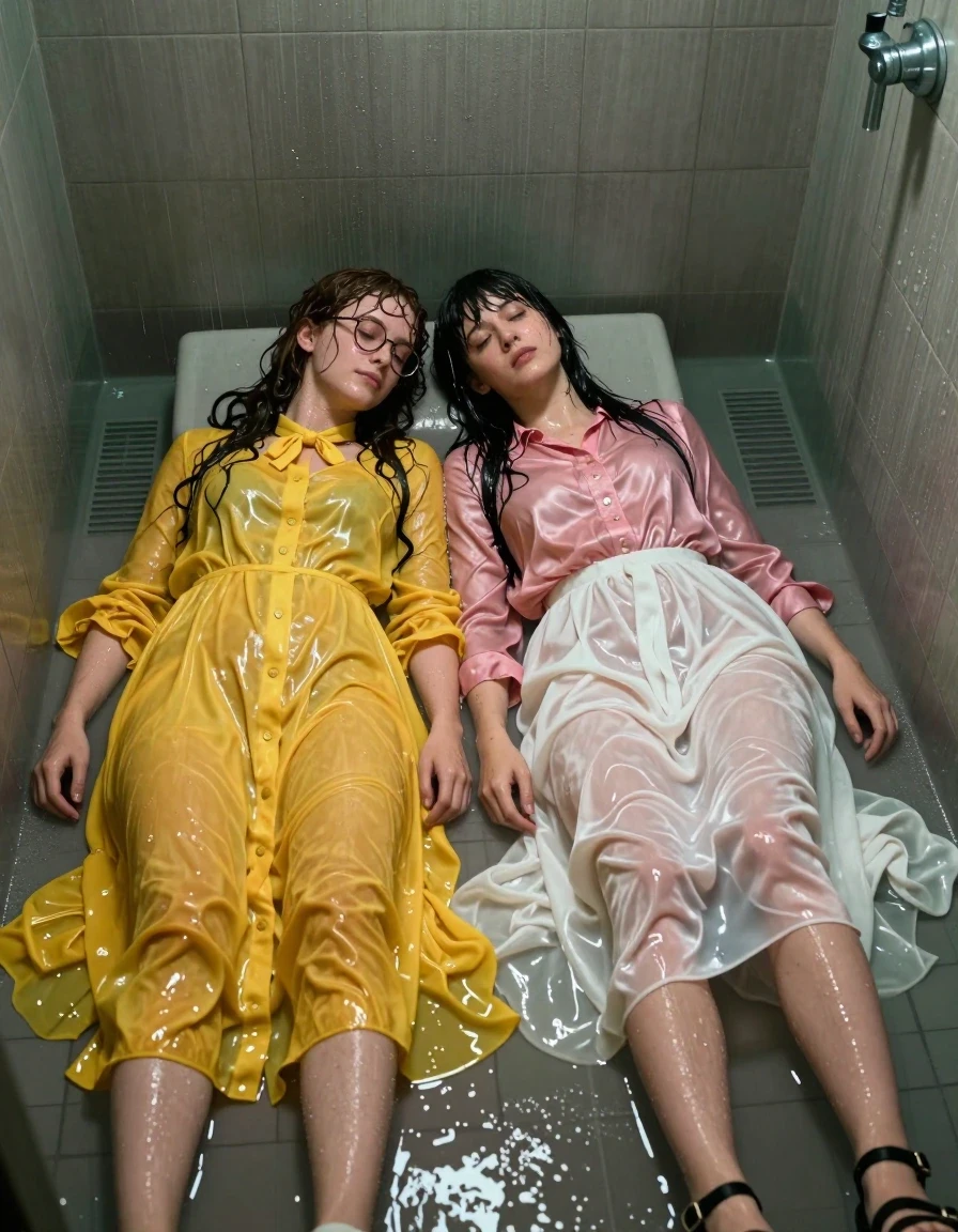 A photorealistic cinematic shot of two young adult European women, both nerdy teachers, lying in each other's arms on the floor of an empty, dimly lit flooded gym shower. The first woman has long curly hair, wears glasses, and is dressed in an oversized floor-length yellow buttoned-down nylon dress with a bowtie. The second woman has Beatles-style hair and wears a pink long-sleeved satin blouse paired with a floor-length white silk skirt. Both women are wearing sandals. The entire scene is drenched; their hair is matted and dripping, and their skin has a glistening, wet sheen. Their floor-length garments are thoroughly soaked, clinging to their bodies with heavy, saturated folds, darkened fabric tones, and water-logged textures that show deep translucency in the lighter materials. The shower floor is covered in a layer of standing water reflecting the dim, moody overhead light. The atmosphere is intimate and quiet, captured in a high-detail, sharp-focus photographic style, emphasizing the heavy weight of the water-saturated fabrics and the realistic wetness of the environment.