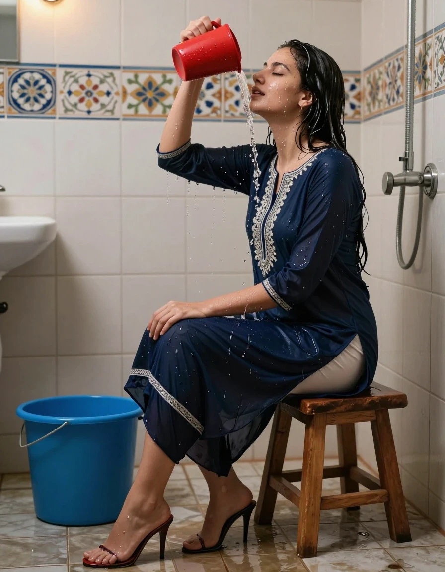 photo of young woman, in soaking wet, drenched clothes,
Stilletto heels, , , , 
enjoying, wet clothes stuck to body,
detailed textures of the wet clothes, wet face, wet plastered hair,
wet, drenched, professional, high-quality details, full body view.
sharp focus, ultra-high pixel detail, realistic, high-quality, full colors, incredibly detailed, 4k, 8k, 16k, hyper-realistic, RAW photo, masterpiece, ultra-detailed, professionally color graded, professional photograph, A  woman with long black hair sitting sideways on a small wooden stool in a tiled bathroom, pouring water over her head from a bright red plastic mug with her right hand, eyes closed in a serene expression. She is wearing a dark navy blue salwar kameez with white embroidery on the chest and sleeves, the fabric slightly wet and clinging. Barefoot, with water droplets visible on her face, arms, and clothes. A large blue plastic bucket sits on the wet tiled floor to her left. The bathroom walls are covered in light beige and patterned ceramic tiles with floral and geometric designs. The bathroom is lit with ceiling recessed warm spot lights. A metal shower pipe and faucet are mounted on the right wall. Realistic photography style, natural lighting, high detail, cinematic composition., wet skin, wet clothes, damp fabric