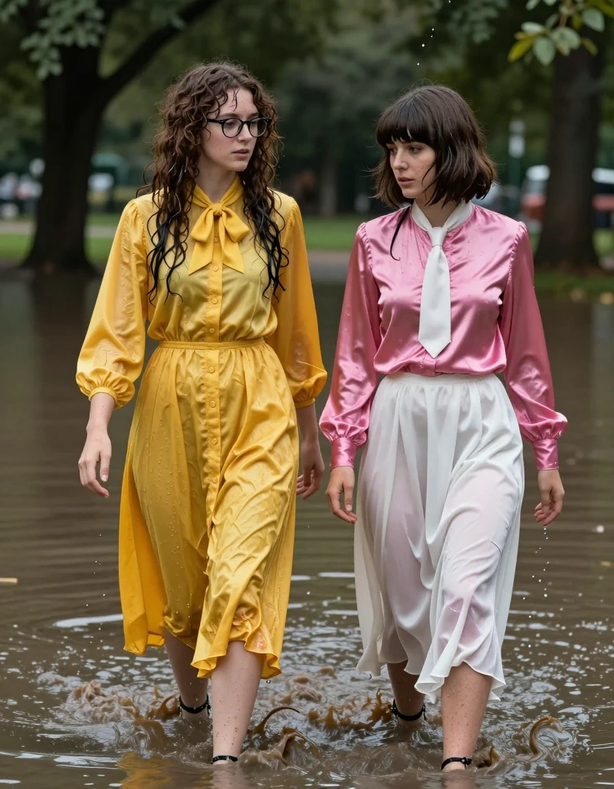 photo of young woman, in soaking wet, drenched clothes,
sandals, both: floor-length long dress or skirt, 1st long curly haired woman: glasses, oversized  floor-length yellow buttoned-down nylon dress with bowtie; 2nd Beatles haired woman: pink long-sleeved satin blouse with white necktie,  floor-length white silk skirt, in an empty flooded park dring 2 am, 
enjoying, wet clothes stuck to body,
detailed textures of the wet clothes, wet face, wet plastered hair,
wet, drenched, professional, high-quality details, full body view.
sharp focus, ultra-high pixel detail, realistic, high-quality, full colors, incredibly detailed, 4k, 8k, 16k, hyper-realistic, RAW photo, masterpiece, ultra-detailed, professionally color graded, professional photograph, lesbian nerdy teachers crawling through the muddy water, wet skin, wet clothes, damp fabric