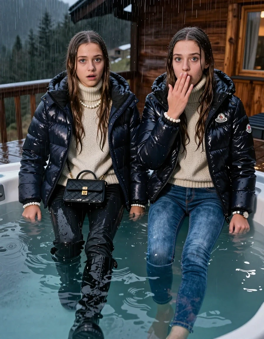 photo of young woman, in soaking wet, drenched clothes,
Boots, Drenched and soaked tight skinny jeans, Moncler shiny Puffer down jacket and Puffer down jacket from north face,  knit turtelneck sweater, handbag, pearl necklace, bracelet, wristwatch , A realistic fashion photograph of  two 15-year-old girl  under Heavy Rain swimming in a steaming hot tub on a wooden mountain cabin deck at night. Heavy Rain., 
enjoying, wet clothes stuck to body,
detailed textures of the wet clothes, wet face, wet plastered hair,
wet, drenched, professional, high-quality details, full body view.
sharp focus, ultra-high pixel detail, realistic, high-quality, full colors, incredibly detailed, 4k, 8k, 16k, hyper-realistic, RAW photo, masterpiece, ultra-detailed, professionally color graded, professional photograph, Sleek long straight hair

Two 15-years-old teenage girl. 

Hold a hand over her mouth. Open mouth, big eyes. 

All girls wear different clothes.

One is completely underwater up to her neck, afraid and astonished expression.

All girls Laying her breast on the surface. Legs and Bodys are under the surface.

her submerged clothes are hardly visible under water, she soaked her handbag into the water

close up view, wet skin, wet clothes, wet hair, damp fabric, water runs down the clothes, wet skin, wet clothes., wet skin, wet clothes, damp fabric