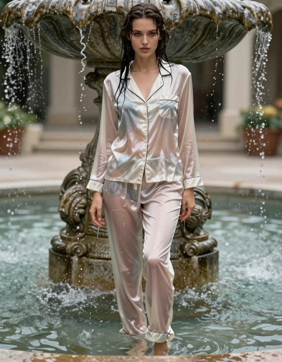 A stunning young adult European woman standing inside a decorative stone fountain, captured in a photorealistic medium shot. She is wearing a matching set of light-colored satin pajamas that are completely soaked through, clinging tightly to her skin and revealing her silhouette through the translucent, water-saturated fabric. The satin material is heavily darkened by the water, showing deep folds, heavy weight, and a high-gloss, shimmering wet sheen. She is barefoot, with water cascading over her skin and soaking her hair, creating a glistening, wet-look effect. The setting is a serene outdoor fountain with clear water splashing around her ankles and legs. The lighting is bright and natural, highlighting the contrast between the clinging, wet satin and her damp skin. The composition is sharp, focusing on the texture of the wet fabric and the realistic water droplets, captured with a professional 85mm lens, high-resolution detail, cinematic photography.