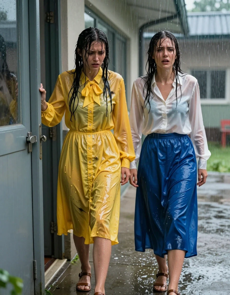 Photorealistic medium shot of two nerdy European female teachers in their 30s standing outside a school building during a torrential downpour, soaked and frustrated as they try to open a locked door. The first woman wears an oversized yellow buttoned-down nylon dress with a bowtie, the fabric clinging to her frame, heavy with water, exhibiting high-gloss wet sheen and darkening in patches. The second woman wears a white long-sleeved satin blouse and a maxi blue silk skirt, the materials heavy, translucent, and plastered to her skin due to the intense rain. Both women wear sandals on their feet. Their hair is matted and dripping, skin glistening with water droplets and continuous streams of rain. The atmosphere is gloomy and grey, with rain splashing off the concrete ground and school architecture. The lighting is natural, diffused by heavy clouds, highlighting the wet textures of the fabrics, the glossy highlights on their skin, and the realistic weight of the water-saturated clothing. High-resolution, cinematic photography, 8k, sharp focus on their expressions of desperation and the intricate wet fabric details.
