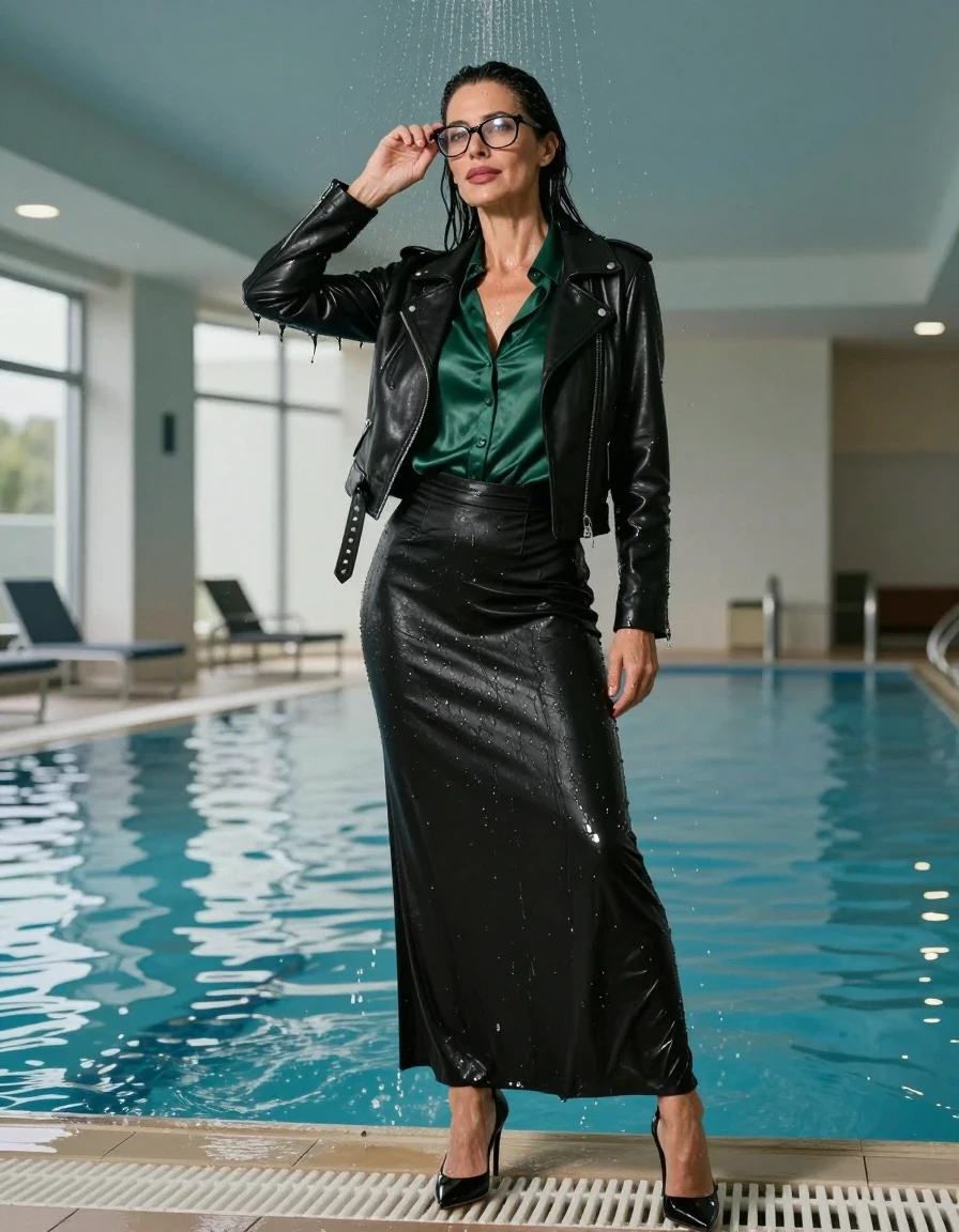 photo of young woman, in soaking wet, drenched clothes,
high-heeled shoes, maxi black skirt, dark green silk satin shirt with long sleeves, black leather biker jacket, shower after swim in indoor swimming pool, enjoying wet clothes stuck body, enjoying, wet clothes stuck to body, 
enjoying, wet clothes stuck to body,
detailed textures of the wet clothes, wet face, wet plastered hair,
wet, drenched, professional, high-quality details, full body view.
sharp focus, ultra-high pixel detail, realistic, high-quality, full colors, incredibly detailed, 4k, 8k, 16k, hyper-realistic, RAW photo, masterpiece, ultra-detailed, professionally color graded, professional photograph, europen brunette skinny woman 50 years old, long dark black hair, very big and thick lips,  office glasses, complete body, wet skin, wet clothes, damp fabric, wet skin, wet clothes, damp fabric, wet skin, wet clothes, damp fabric, wet skin, wet clothes, damp fabric, wet skin, wet clothes, damp fabric