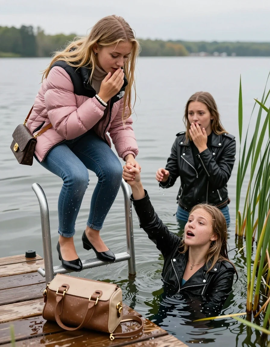 photo of young woman, in soaking wet, drenched clothes,
Heels, Completely soaked tight skinny jeans, Pink Puffer down jacket from north face, Tight turtleneck sweater belly free, handbag, pearl necklace, bracelet, wristwatch , Two Girls on a wooden bathing platform with a bathing ladder on a beautiful lake. The girls smiles with a sense of adventure and climbs the ladder into the water. The water reaches up to her chest., 
enjoying, wet clothes stuck to body,
detailed textures of the wet clothes, wet face, wet plastered hair,
wet, drenched, professional, high-quality details, full body view.
sharp focus, ultra-high pixel detail, realistic, high-quality, full colors, incredibly detailed, 4k, 8k, 16k, hyper-realistic, RAW photo, masterpiece, ultra-detailed, professionally color graded, professional photograph, Blond sleek long straight hair

19 years old  teenage girl

Laying her breast on the surface.  Looking slightly away. Hold her hand over mouth.

One Girl inside the water with a black biker leatherjacket and one hand on her mouth, hold with the other the viewer's hand, pulling them she is completely underwater up to her neck, afraid and astonished expression. 

She hides in the reeds.

her submerged clothes are hardly vusible under water, she soaked her handbag into the water. The Girls wear different clothes. 

close up view, wet skin, wet clothes, wet hair, damp fabric, water runs down the clothes, wet skin, wet clothes, damp fabric, wet skin, wet clothes, damp fabric, wet skin, wet clothes, damp fabric, wet skin, wet clothes, damp fabric, wet skin, wet clothes, damp fabric, wet skin, wet clothes, damp fabric, wet skin, wet clothes, damp fabric, wet skin, wet clothes, damp fabric, wet skin, wet clothes, damp fabric, wet skin, wet clothes, damp fabric, wet skin, wet clothes, damp fabric, wet skin, wet clothes, damp fabric, wet skin, wet clothes, damp fabric, wet skin, wet clothes, damp fabric, wet skin, wet clothes, damp fabric, wet skin, wet clothes, damp fabric, wet skin, wet clothes, damp fabric, wet skin, wet clothes, damp fabric, wet skin, wet clothes, damp fabric