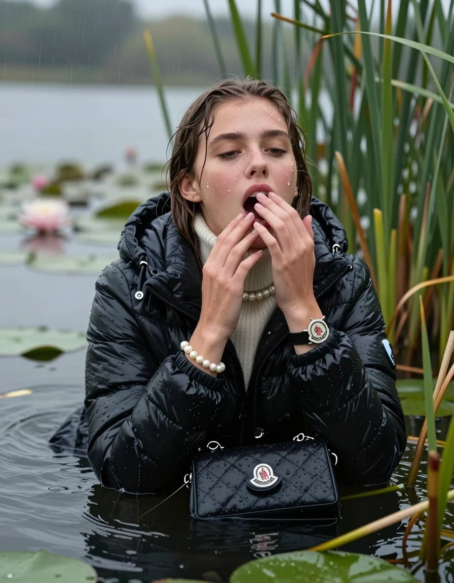 photo of young woman, in soaking wet, drenched clothes,
, , Moncler black shiny Puffer down jacket,  knit turtleneck sweater, handbag, pearl necklace, bracelet, wristwatch , Emerging after diving in a lake with water lilies and reeds, rain , 
enjoying, wet clothes stuck to body,
detailed textures of the wet clothes, wet face, wet plastered hair,
wet, drenched, professional, high-quality details, full body view.
sharp focus, ultra-high pixel detail, realistic, high-quality, full colors, incredibly detailed, 4k, 8k, 16k, hyper-realistic, RAW photo, masterpiece, ultra-detailed, professionally color graded, professional photograph, Sleek long straight hair 

19 years old  teenage girl

open mouth, big eyes, hold one hand on her mouth, the other hand between her bouche .  Laying her breast on the surface.  Looking up. Half Closed eyes.

she is completely underwater up to her neck, horny  and sexuell aroused expression. Has an orgasm.

She hides in the reeds and is surprised by spectators

her submerged clothes are hardly vusible under water, she soaked her handbag into the water

close up view, wet skin, wet clothes, wet hair, damp fabric, water runs down the clothes, wet skin, wet clothes, damp fabric, wet skin, wet clothes, damp fabric, wet skin, wet clothes, damp fabric, wet skin, wet clothes, damp fabric, wet skin, wet clothes, damp fabric, wet skin, wet clothes, damp fabric, wet skin, wet clothes, damp fabric, wet skin, wet clothes, damp fabric, wet skin, wet clothes, damp fabric, wet skin, wet clothes, damp fabric, wet skin, wet clothes, damp fabric, wet skin, wet clothes, damp fabric, wet skin, wet clothes, damp fabric, wet skin, wet clothes, damp fabric, wet skin, wet clothes, damp fabric, wet skin, wet clothes, damp fabric, wet skin, wet clothes, damp fabric, wet skin, wet clothes, damp fabric