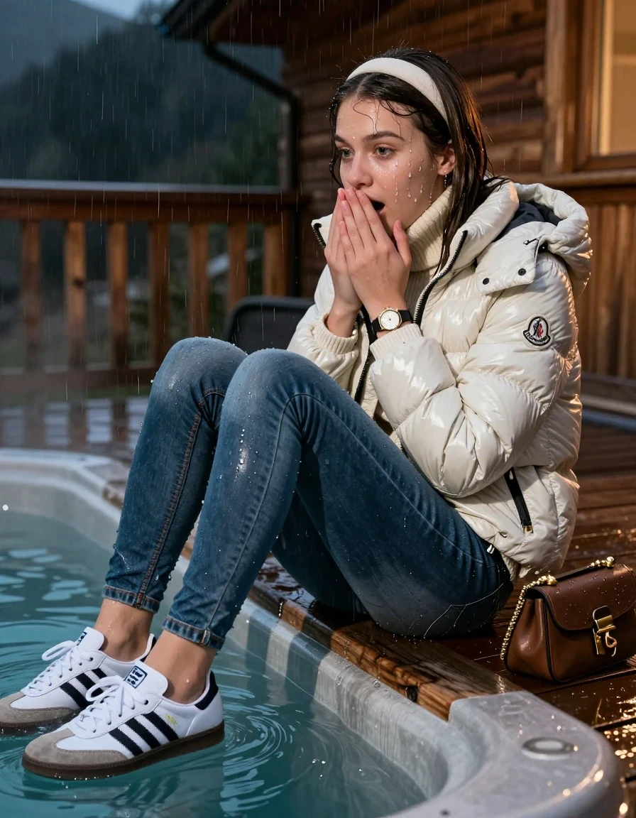 photo of young woman, in soaking wet, drenched clothes,
White sneakers Adidas Samba with black stripes, Drenched and soaked tight skinny jeans, Moncler shiny Puffer down jacket,  knit turtelneck sweater, handbag, pearl necklace, bracelet, wristwatch , A realistic vertical fashion photograph of a 15-year-old girl emerge after diving at the edge of a steaming hot tub on a wooden mountain cabin deck at night. She is looking back over her shoulder toward the camera. Heavy Rain., 
enjoying, wet clothes stuck to body,
detailed textures of the wet clothes, wet face, wet plastered hair,
wet, drenched, professional, high-quality details, full body view.
sharp focus, ultra-high pixel detail, realistic, high-quality, full colors, incredibly detailed, 4k, 8k, 16k, hyper-realistic, RAW photo, masterpiece, ultra-detailed, professionally color graded, professional photograph, Close-up. 
Sleek long straight hair with hairband

15 years old  teenage girl

 hold her hands over her mouth. Laying her breast on the surface.

she is completely underwater up to her neck, afraid and astonished expression.

her submerged clothes are hardly vusible under water, she soaked her handbag into the water

close up view, wet skin, wet clothes, wet hair, damp fabric, water runs down the clothes, wet skin, wet clothes, damp fabric, wet skin, wet clothes, damp fabric, wet skin, wet clothes, damp fabric, wet skin, wet clothes, damp fabric, wet skin, wet clothes, damp fabric, wet skin, wet clothes, damp fabric, wet skin, wet clothes, damp fabric, wet skin, wet clothes, damp fabric, wet skin, wet clothes, damp fabric, wet skin, wet clothes, damp fabric, wet skin, wet clothes, damp fabric, wet skin, wet clothes, damp fabric, wet skin, wet clothes, damp fabric, wet skin, wet clothes, damp fabric, wet skin, wet clothes, damp fabric, wet skin, wet clothes, damp fabric, wet skin, wet clothes, damp fabric, wet skin, wet clothes, damp fabric, wet skin, wet clothes, damp fabric