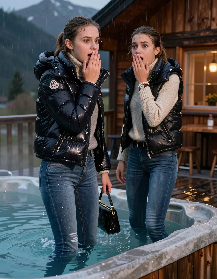 photo of young woman, in soaking wet, drenched clothes,
, Drenched and soaked tight skinny jeans, Moncler shiny Puffer down jacket,  knit turtelneck sweater, handbag, pearl necklace, bracelet, wristwatch , A realistic vertical fashion photograph of  two 15-year-old girl dive at the edge of a steaming hot tub on a wooden mountain cabin deck at night. She is looking back over her shoulder toward the camera with an afraid and astonished expression. Rain. , 
enjoying, wet clothes stuck to body,
detailed textures of the wet clothes, wet face, wet plastered hair,
wet, drenched, professional, high-quality details, full body view.
sharp focus, ultra-high pixel detail, realistic, high-quality, full colors, incredibly detailed, 4k, 8k, 16k, hyper-realistic, RAW photo, masterpiece, ultra-detailed, professionally color graded, professional photograph, Sleek long straight hair and Sleek long ponytail 

Two 15-years-old teenage girl. 

Hold a hand over her mouth. Open mouth, big eyes. 

The girls wear different clothes.

One is completely underwater up to her neck, shocked expression.

her submerged clothes are hardly visible under water, she soaked her handbag into the water

close up view, wet skin, wet clothes, wet hair, damp fabric, water runs down the clothes, wet skin, wet clothes., wet skin, wet clothes, damp fabric