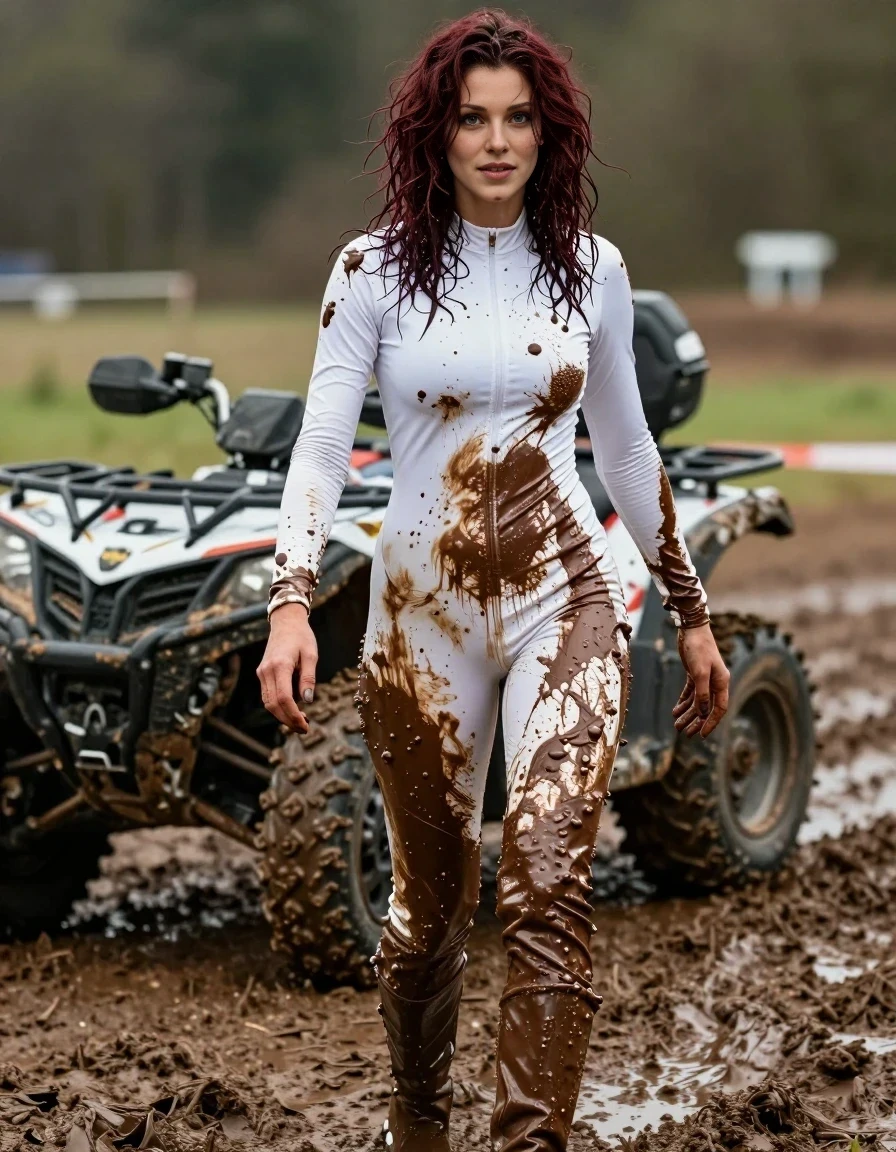 Full-body vertical fashion photograph of a 25-year-old woman at the finish line of a rugged, muddy quad bike course. She is wearing a white skintight fullsuit that is completely drenched and filled with thick, glossy, molten chocolate, and is now heavily caked and splattered with layers of thick, dark, wet mud from the race. The fabric is strained and heavy, showing squishy textures where the chocolate and mud blend together. Her shoulder-length dark auburn hair is messy, damp, and flecked with mud. She is captured in a front-facing three-quarter pose, looking toward the camera with a wild, disheveled, and exhilarated expression. The background shows the muddy finish line area with her quad bike nearby. Professional editorial fashion photography, high contrast between the remnants of the white fabric, the dark chocolate, and the earthy mud, sharp focus, dramatic lighting. The depicted adult woman has shoulder-length dark auburn hair. Show her face clearly toward the camera at a mild three-quarter angle, large enough for a natural portrait face reference.