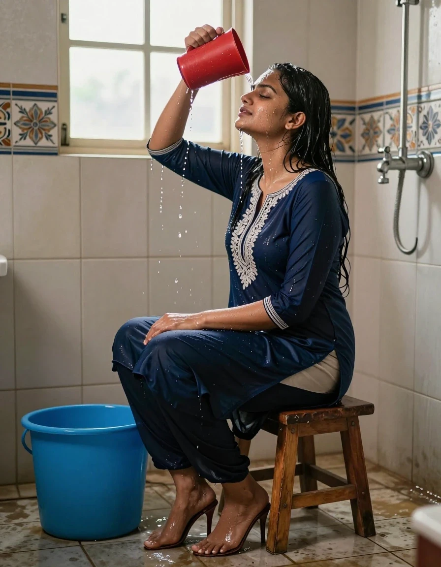 photo of young woman, in soaking wet, drenched clothes,
Stilletto heels, , , , 
enjoying, wet clothes stuck to body,
detailed textures of the wet clothes, wet face, wet plastered hair,
wet, drenched, professional, high-quality details, full body view.
sharp focus, ultra-high pixel detail, realistic, high-quality, full colors, incredibly detailed, 4k, 8k, 16k, hyper-realistic, RAW photo, masterpiece, ultra-detailed, professionally color graded, professional photograph, Here’s a detailed, ready-to-use prompt for this image:

**Prompt:**

A young Indian woman with long black hair sitting sideways on a small wooden stool in a tiled bathroom, pouring water over her head from a bright red plastic mug with her right hand, eyes closed in a serene expression. She is wearing a dark navy blue salwar kameez with white embroidery on the chest and sleeves, the fabric slightly wet and clinging. Barefoot, with water droplets visible on her face, arms, and clothes. A large blue plastic bucket sits on the wet tiled floor to her left. The bathroom walls are covered in light beige and patterned ceramic tiles with floral and geometric designs. Soft natural light streams in from a frosted window behind her, creating a gentle backlight. A metal shower pipe and faucet are mounted on the right wall. Realistic photography style, natural lighting, high detail, cinematic composition., wet skin, wet clothes, damp fabric