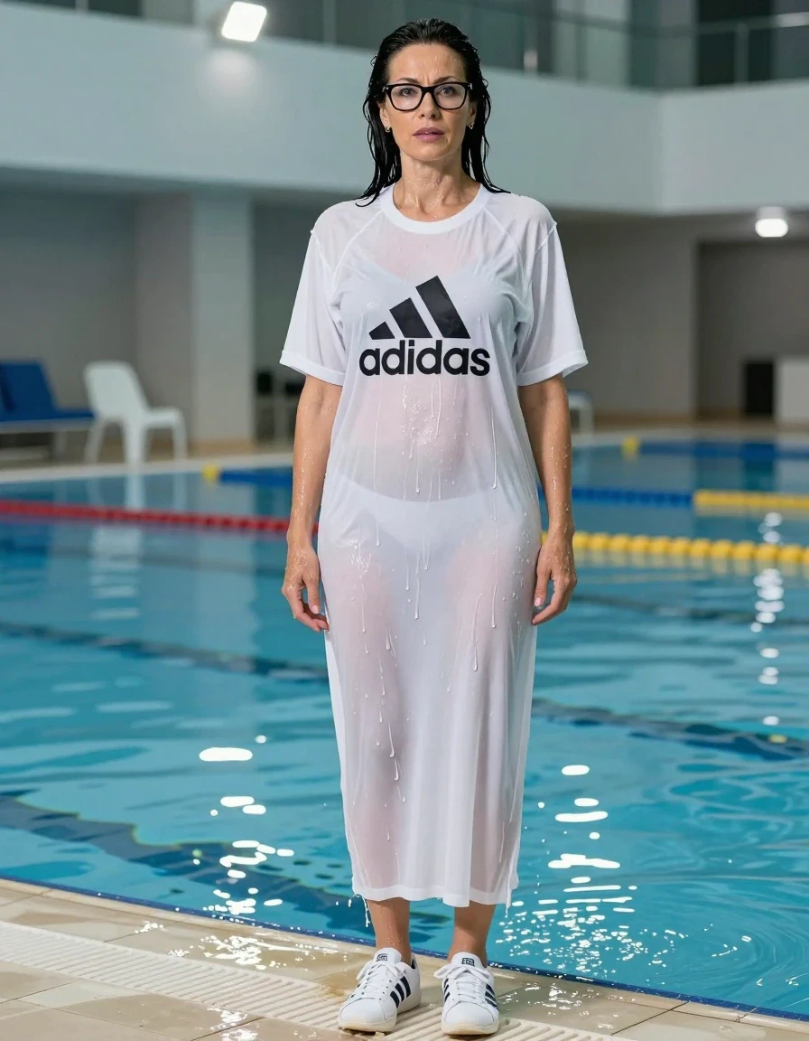 photo of young woman, in soaking wet, drenched clothes,
adidas shoes, maxi white adidas t-shirt dress with short sleeves, maxi white adidas t-shirt dress with short sleeves, shower after swim in indoor swimming pool, enjoying wet clothes stuck body, enjoying, wet clothes stuck to body, 
enjoying, wet clothes stuck to body,
detailed textures of the wet clothes, wet face, wet plastered hair,
wet, drenched, professional, high-quality details, full body view.
sharp focus, ultra-high pixel detail, realistic, high-quality, full colors, incredibly detailed, 4k, 8k, 16k, hyper-realistic, RAW photo, masterpiece, ultra-detailed, professionally color graded, professional photograph, europen brunette skinny woman 50 years old, long dark black hair, very big and thick lips,  office glasses, complete body, wet skin, wet clothes, damp fabric, wet skin, wet clothes, damp fabric, wet skin, wet clothes, damp fabric, wet skin, wet clothes, damp fabric, wet skin, wet clothes, damp fabric