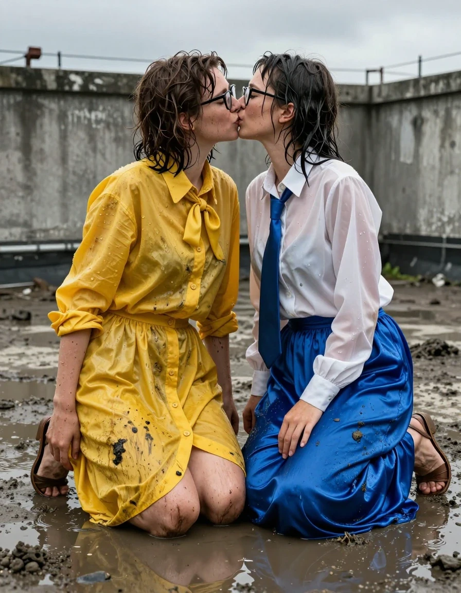 A photorealistic, high-detail cinematic shot of two nerdy European women in their 30s, both wearing glasses, passionately kissing while kneeling in a dirty mucky puddle on top of a weathered concrete blockhouse. The first woman is wearing an oversized yellow buttoned-down nylon dress with a bowtie; the second woman is dressed in a white long-sleeved satin blouse, a blue necktie, and a maxi blue silk skirt. Both women are wearing sandals. The clothing is heavily soaked, with the nylon, satin, and silk fabrics clinging to their bodies, displaying deep color saturation, darkened patches, heavy wet folds, and glossy water sheens. Their hair is wet, matted, and slicked against their skin, which is glistening with water droplets and mud streaks. The setting is a gritty, industrial rooftop environment with puddles reflecting the overcast sky. The lighting is moody and natural, emphasizing the texture of the wet fabrics and the muck. Shot with a 35mm lens, sharp focus on the subjects, highly detailed skin textures, realistic water physics, and dramatic atmosphere.
