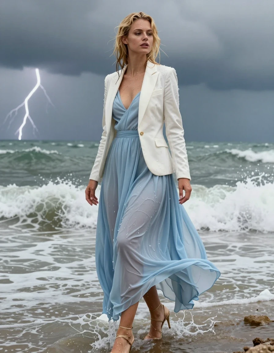 photo of young woman, in soaking wet, drenched clothes,
Strappy gold stilettos , Pale blue ballgown , white blazer , Standing in surf, thunder storm , 
enjoying, wet clothes stuck to body,
detailed textures of the wet clothes, wet face, wet plastered hair,
wet, drenched, professional, high-quality details, full body view.
sharp focus, ultra-high pixel detail, realistic, high-quality, full colors, incredibly detailed, 4k, 8k, 16k, hyper-realistic, RAW photo, masterpiece, ultra-detailed, professionally color graded, professional photograph, Blonde, wet clothes, wet skin, wet clothes, damp fabric, wet skin, wet clothes, damp fabric, wet skin, wet clothes, damp fabric