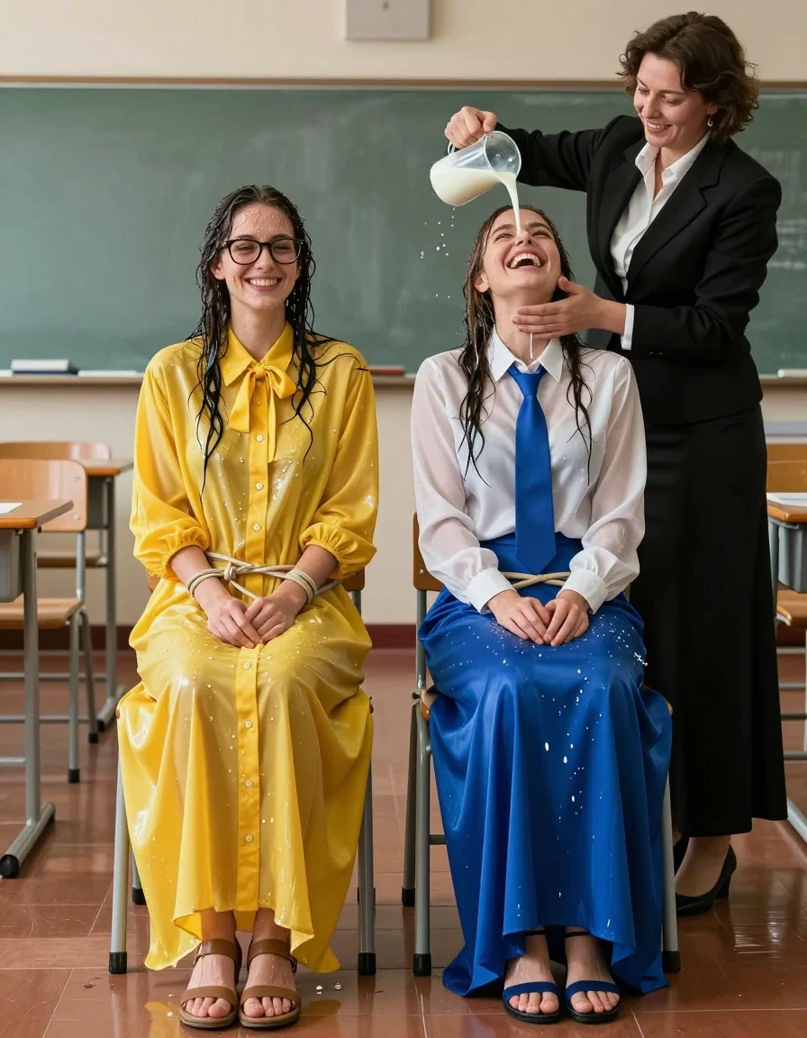 photo of young woman, in soaking wet, drenched clothes,
sandals, both: maxi long dress or skirt, 1st woman: glasses, oversized yellow buttoned-down nylon dress with bowtie; 2nd woman: white long-sleeved satin blouse with blue necktie, maxi blue silk skirt, empty classroom, 
enjoying, wet clothes stuck to body,
detailed textures of the wet clothes, wet face, wet plastered hair,
wet, drenched, professional, high-quality details, full body view.
sharp focus, ultra-high pixel detail, realistic, high-quality, full colors, incredibly detailed, 4k, 8k, 16k, hyper-realistic, RAW photo, masterpiece, ultra-detailed, professionally color graded, professional photograph, nerdy lesbian teachers in their 30s. they are both tied to a chair, while a 3rd woman wearing black tuxedo jacket and maxi black skirt pours milk on them. they are all laughing, wet skin, wet clothes, damp fabric