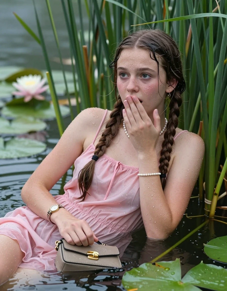photo of young woman, in soaking wet, drenched clothes,
, , Small pink dress with spaghetti straps and wide neckline, handbag, pearl necklace, bracelet, wristwatch , Emerging after diving in a lake with water lilies and reeds, rain , 
enjoying, wet clothes stuck to body,
detailed textures of the wet clothes, wet face, wet plastered hair,
wet, drenched, professional, high-quality details, full body view.
sharp focus, ultra-high pixel detail, realistic, high-quality, full colors, incredibly detailed, 4k, 8k, 16k, hyper-realistic, RAW photo, masterpiece, ultra-detailed, professionally color graded, professional photograph, Two long braids

15 years old  teenage girl

Laying her breast on the surface.  Looking slightly away. Hold her hand on mouth.

she is completely underwater up to her neck, afraid and astonished expression. 

She hides in the reeds and is surprised by spectators

her submerged clothes are hardly vusible under water, she soaked her handbag into the water

close up view, wet skin, wet clothes, wet hair, damp fabric, water runs down the clothes, wet skin, wet clothes, damp fabric, wet skin, wet clothes, damp fabric, wet skin, wet clothes, damp fabric, wet skin, wet clothes, damp fabric, wet skin, wet clothes, damp fabric, wet skin, wet clothes, damp fabric, wet skin, wet clothes, damp fabric, wet skin, wet clothes, damp fabric, wet skin, wet clothes, damp fabric, wet skin, wet clothes, damp fabric, wet skin, wet clothes, damp fabric, wet skin, wet clothes, damp fabric, wet skin, wet clothes, damp fabric, wet skin, wet clothes, damp fabric, wet skin, wet clothes, damp fabric, wet skin, wet clothes, damp fabric, wet skin, wet clothes, damp fabric, wet skin, wet clothes, damp fabric, wet skin, wet clothes, damp fabric