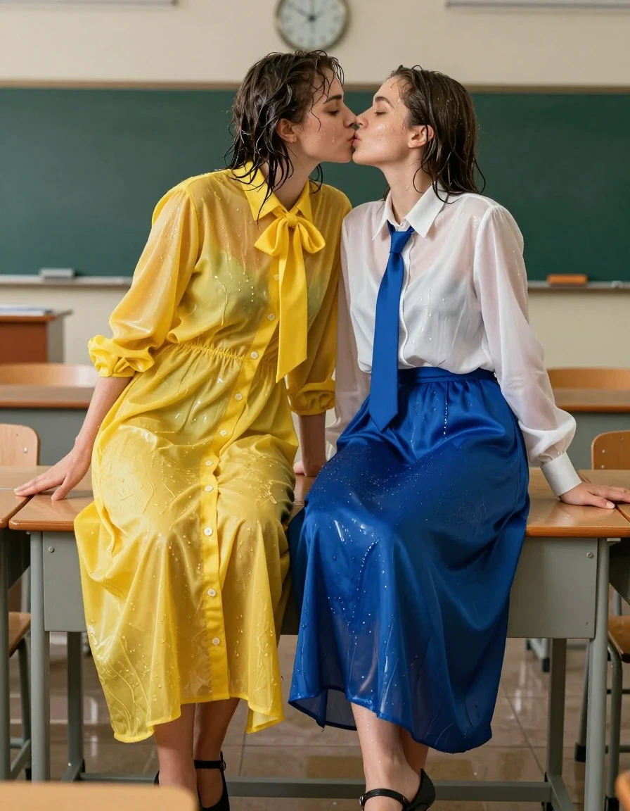 photo of young woman, in soaking wet, drenched clothes,
sandals, both: maxi dress, 1st woman: oversized yellow buttoned-down nylon dress with bowtie; 2nd woman: white long-sleeved satin blouse with blue necktie, maxi blue silk skirt, empty classroom, 
enjoying, wet clothes stuck to body,
detailed textures of the wet clothes, wet face, wet plastered hair,
wet, drenched, professional, high-quality details, full body view.
sharp focus, ultra-high pixel detail, realistic, high-quality, full colors, incredibly detailed, 4k, 8k, 16k, hyper-realistic, RAW photo, masterpiece, ultra-detailed, professionally color graded, professional photograph, nerdy lesbian teachers in their 30s. they are laying on the table kissing each other, wet skin, wet clothes, damp fabric