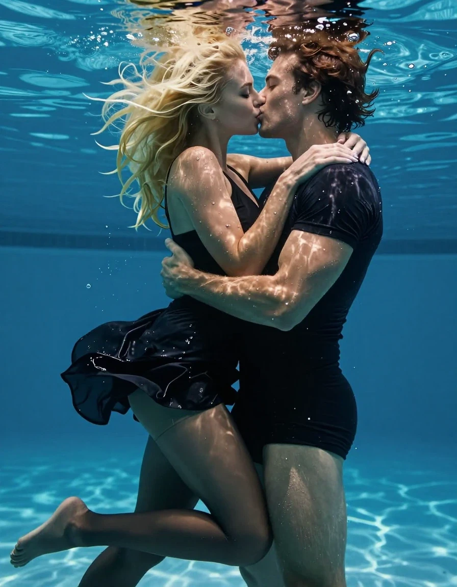A professional, high-quality full-body photograph of a beautiful blonde European woman and her boyfriend embracing and kissing underwater in a swimming pool. The woman is wearing a soaking-wet black minidress and dark, translucent pantyhose, with no shoes. The fabric of the minidress and pantyhose is completely saturated, clinging tightly to their bodies, revealing detailed textures of the wet material, deep dark tones, and heavy wet folds. Both subjects have wet, plastered hair and glistening, damp skin. The scene is captured in sharp focus, showcasing ultra-high pixel detail, realistic water refraction, and a natural underwater glow. The composition is a cinematic, professionally color-graded shot that emphasizes the drenched, heavy nature of the clothing, clear facial expressions of enjoyment, and incredibly detailed textures, 8k, 16k, hyper-realistic, RAW photo, masterpiece, professional photograph.