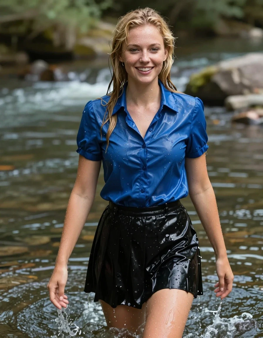 photo of young woman, in soaking wet, drenched clothes,
Black shiny school skirt, Satin blue blouse, very shiny, no bra, river, 
enjoying, wet clothes stuck to body,
detailed textures of the wet clothes, wet face, wet plastered hair,
wet, drenched, professional, high-quality details, full body view.
sharp focus, ultra-high pixel detail, realistic, high-quality, full colors, incredibly detailed, 4k, 8k, 16k, hyper-realistic, RAW photo, masterpiece, ultra-detailed, professionally color graded, professional photograph, wet skin, wet clothes, damp fabric