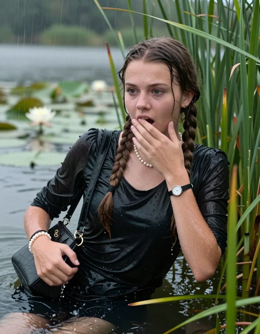 photo of young woman, in soaking wet, drenched clothes,
, , Short black Party dress, handbag, pearl necklace, bracelet, wristwatch , Emerging after diving in a lake with water lilies and reeds, rain , 
enjoying, wet clothes stuck to body,
detailed textures of the wet clothes, wet face, wet plastered hair,
wet, drenched, professional, high-quality details, full body view.
sharp focus, ultra-high pixel detail, realistic, high-quality, full colors, incredibly detailed, 4k, 8k, 16k, hyper-realistic, RAW photo, masterpiece, ultra-detailed, professionally color graded, professional photograph, Two long braids

15 years old  teenage girl

Laying her breast on the surface.  Looking slightly away. Hold her hand on mouth.

she is completely underwater up to her neck, afraid and astonished expression. 

She hides in the reeds and is surprised by spectators

her submerged clothes are hardly vusible under water, she soaked her handbag into the water

close up view, wet skin, wet clothes, wet hair, damp fabric, water runs down the clothes, wet skin, wet clothes, damp fabric, wet skin, wet clothes, damp fabric, wet skin, wet clothes, damp fabric, wet skin, wet clothes, damp fabric, wet skin, wet clothes, damp fabric, wet skin, wet clothes, damp fabric, wet skin, wet clothes, damp fabric, wet skin, wet clothes, damp fabric, wet skin, wet clothes, damp fabric, wet skin, wet clothes, damp fabric, wet skin, wet clothes, damp fabric, wet skin, wet clothes, damp fabric, wet skin, wet clothes, damp fabric, wet skin, wet clothes, damp fabric, wet skin, wet clothes, damp fabric, wet skin, wet clothes, damp fabric, wet skin, wet clothes, damp fabric, wet skin, wet clothes, damp fabric