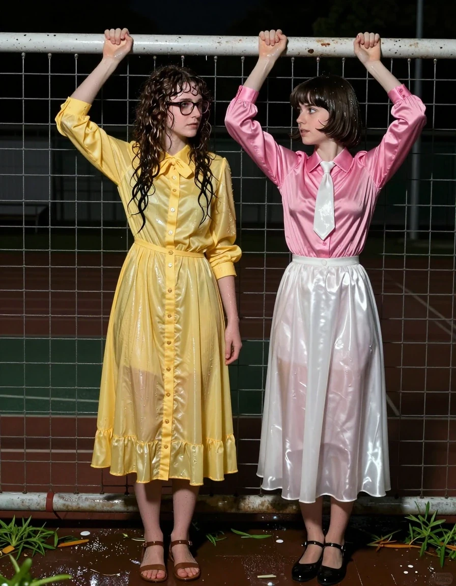 photo of young woman, in soaking wet, drenched clothes,
sandals, both: floor-length long dress or skirt, 1st long curly haired woman: glasses, oversized  floor-length yellow buttoned-down nylon dress with bowtie; 2nd Beatles haired woman: pink long-sleeved satin blouse with white necktie,  floor-length white silk skirt, empty schoolyard at night, 
enjoying, wet clothes stuck to body,
detailed textures of the wet clothes, wet face, wet plastered hair,
wet, drenched, professional, high-quality details, full body view.
sharp focus, ultra-high pixel detail, realistic, high-quality, full colors, incredibly detailed, 4k, 8k, 16k, hyper-realistic, RAW photo, masterpiece, ultra-detailed, professionally color graded, professional photograph, lesbian nerdy teachers climbing over the fence, wet skin, wet clothes, damp fabric