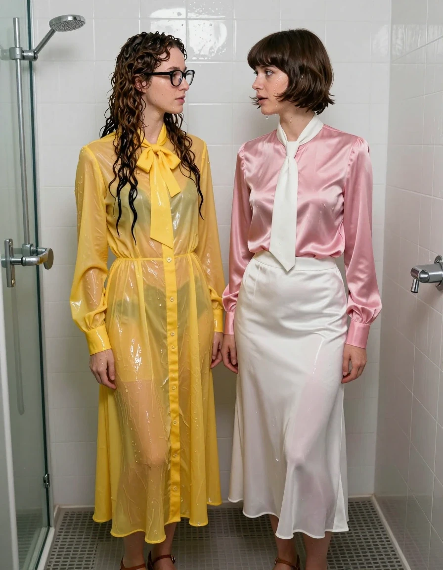 photo of young woman, in soaking wet, drenched clothes,
sandals, both: floor-length long dress or skirt, 1st long curly haired woman: glasses, oversized  floor-length yellow buttoned-down nylon dress with bowtie; 2nd Beatles haired woman: pink long-sleeved satin blouse with white necktie,  floor-length white silk skirt, in an empty flooded shower, 
enjoying, wet clothes stuck to body,
detailed textures of the wet clothes, wet face, wet plastered hair,
wet, drenched, professional, high-quality details, full body view.
sharp focus, ultra-high pixel detail, realistic, high-quality, full colors, incredibly detailed, 4k, 8k, 16k, hyper-realistic, RAW photo, masterpiece, ultra-detailed, professionally color graded, professional photograph, lesbian nerdy teachers having sex, wet skin, wet clothes, damp fabric, wet skin, wet clothes, damp fabric, wet skin, wet clothes, damp fabric, wet skin, wet clothes, damp fabric