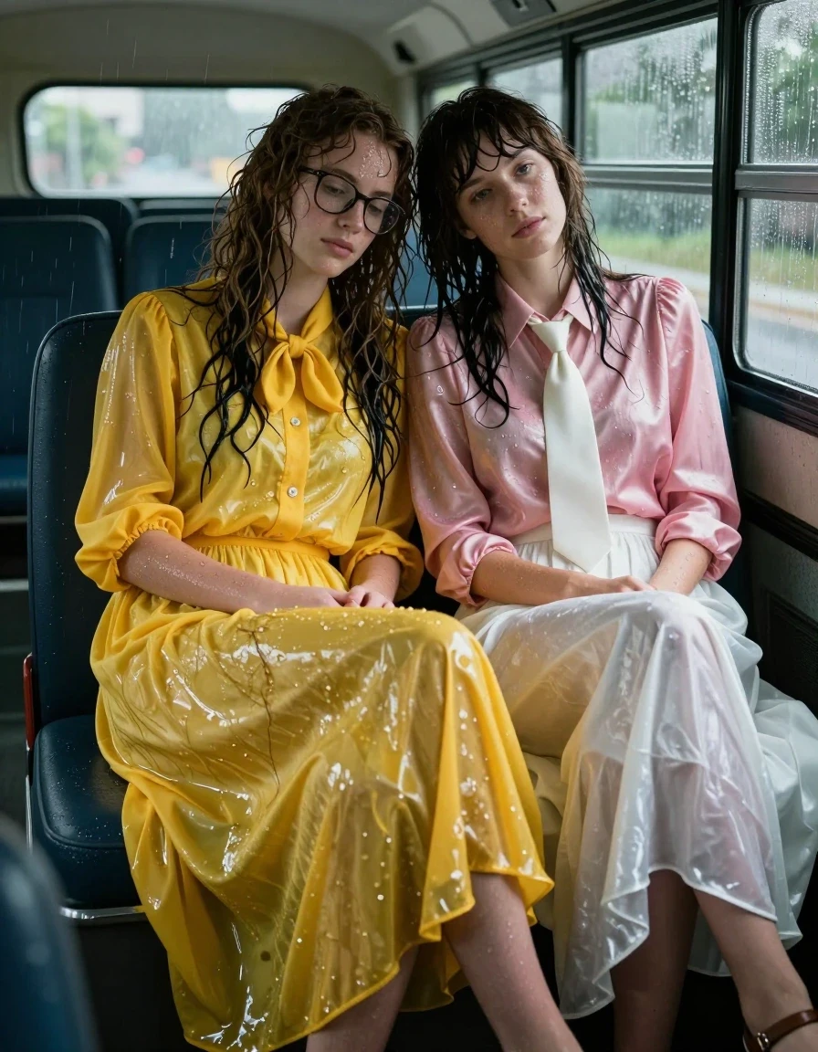 A photorealistic, high-detail shot of two young adult European women, both nerdy teachers, relaxing in each other's arms inside a school bus after getting drenched in a storm. The first woman has long curly hair and wears glasses, dressed in an oversized floor-length yellow buttoned-down nylon dress with a bowtie; the second woman has Beatles-style hair and wears a pink long-sleeved satin blouse with a white necktie and a floor-length white silk skirt. Both women are wearing sandals. Their skin is glistening with wetness, hair is matted and damp, and their clothes are heavily soaked, clinging to their bodies with realistic weight, visible folds, and deepened color saturation due to the water. The nylon, satin, and silk fabrics show translucent damp patches and high-gloss water sheen. The interior of the school bus is dimly lit with moody, soft light catching the water droplets on their skin and the clinging texture of the wet textiles. Cinematic composition, shallow depth of field, hyper-realistic skin textures, 8k resolution, raw photographic quality.