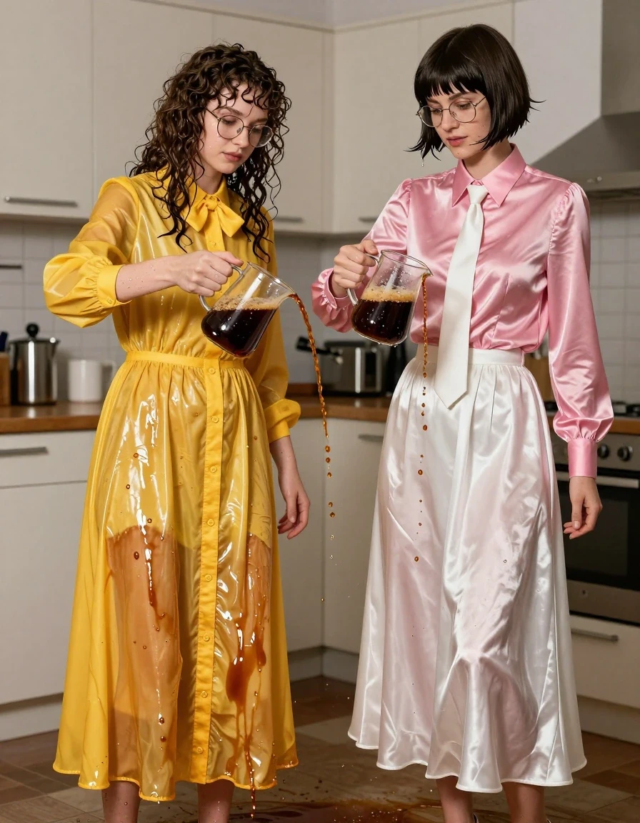 A photorealistic, high-detail wide shot in a sunlit kitchen featuring two young adult European women, both portraying nerdy teachers. The first woman has long curly hair, wears glasses, and is dressed in an oversized floor-length yellow buttoned-down nylon dress with a bowtie. The second woman has a Beatles-style haircut and wears a pink long-sleeved satin blouse with a white necktie paired with a floor-length white silk skirt. Both women are wearing sandals. The scene captures the two women pouring coffee on each other, resulting in a soaking wet effect. The nylon dress, satin blouse, and silk skirt are heavily saturated with liquid, causing the fabrics to darken, cling to their bodies, and form heavy, wet folds with realistic surface tension and liquid sheen. The coffee spill creates dark, dripping patterns across their clothing and skin. Their hair is matted and wet, with droplets clinging to their faces and glasses. The kitchen environment includes realistic cabinetry and countertops, with a dynamic, candid composition showing the motion of the coffee being poured. High-contrast lighting highlights the glossy, wet textures of the soaked textiles and the reflective moisture on their skin, captured with a professional 85mm lens for sharp focus and shallow depth of field.