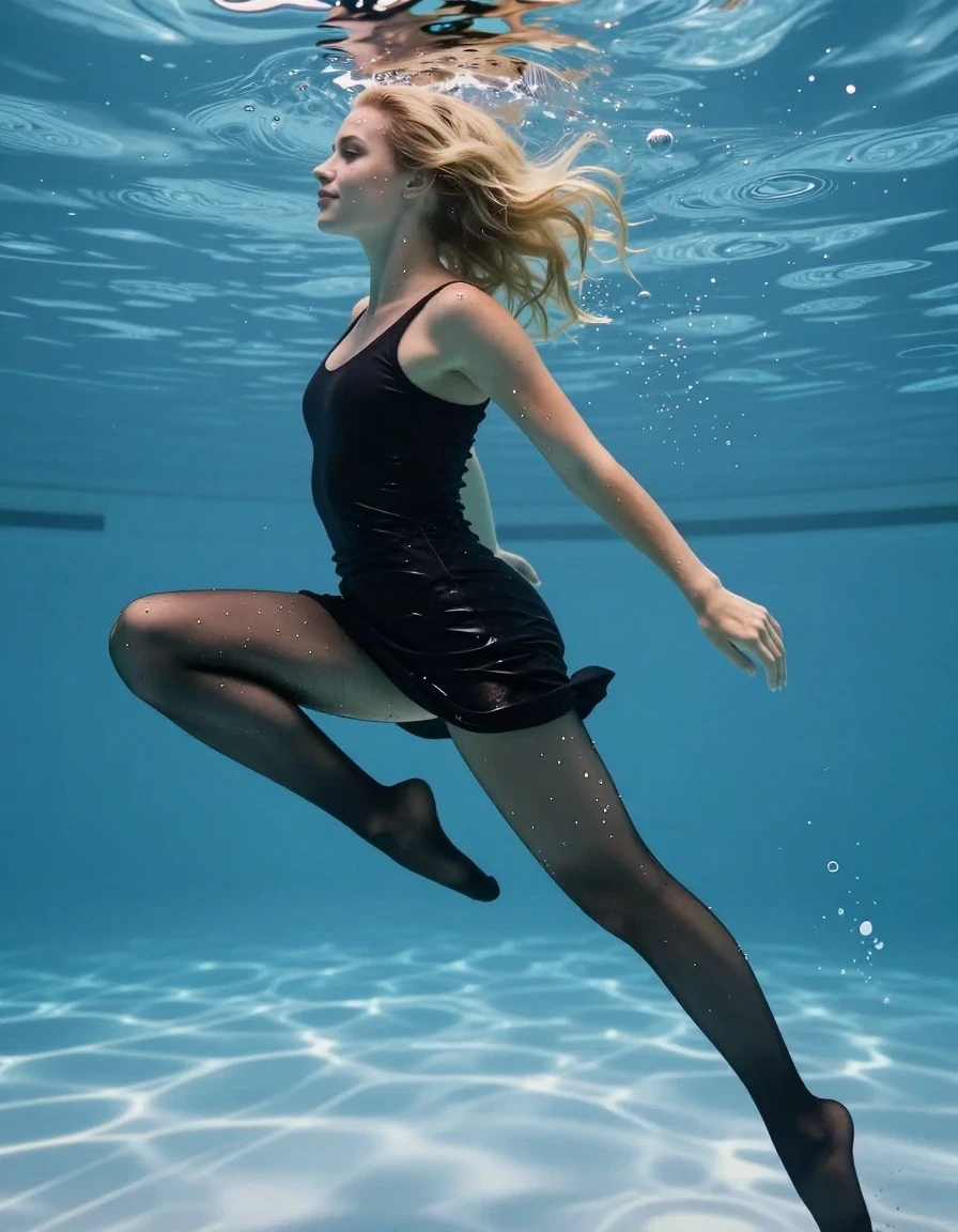 A professional, ultra-high-definition underwater photograph of a young blonde European woman swimming gracefully in a swimming pool. She is wearing a black minidress and dark, semi-sheer pantyhose that are completely drenched and clinging to her body. The fabric of the minidress and pantyhose is heavily saturated, darkened by the water, showing intricate wet textures, clinging folds, and a glossy sheen across the surface. Her face is wet, with water droplets on her skin and hair plastered against her head and shoulders. She is barefoot, with a joyful, relaxed expression. The scene features clear, blue-tinted pool water with soft caustic lighting filtering through from the surface. Captured with a sharp focus on the wet fabric textures and skin, full body composition, 8k resolution, cinematic lighting, hyper-realistic, RAW photo, highly detailed, professional color grading.