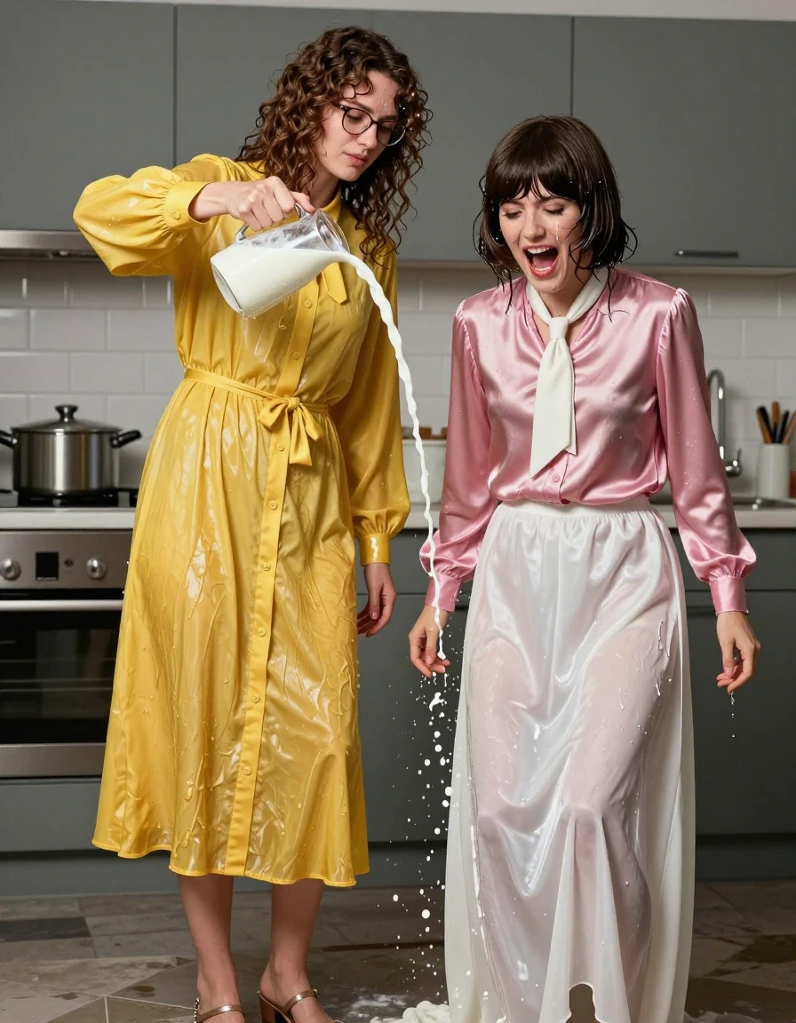 photo of young woman, in soaking wet, drenched clothes,
sandals, both: floor-length long dress or skirt, 1st long curly haired woman: glasses, oversized  floor-length yellow buttoned-down nylon dress with bowtie; 2nd Beatles haired woman: pink long-sleeved satin blouse with white necktie,  floor-length white silk skirt, kitchen, 
enjoying, wet clothes stuck to body,
detailed textures of the wet clothes, wet face, wet plastered hair,
wet, drenched, professional, high-quality details, full body view.
sharp focus, ultra-high pixel detail, realistic, high-quality, full colors, incredibly detailed, 4k, 8k, 16k, hyper-realistic, RAW photo, masterpiece, ultra-detailed, professionally color graded, professional photograph, 1st woman is pouring milk onto the 2nd woman who is screaming, wet skin, wet clothes, damp fabric