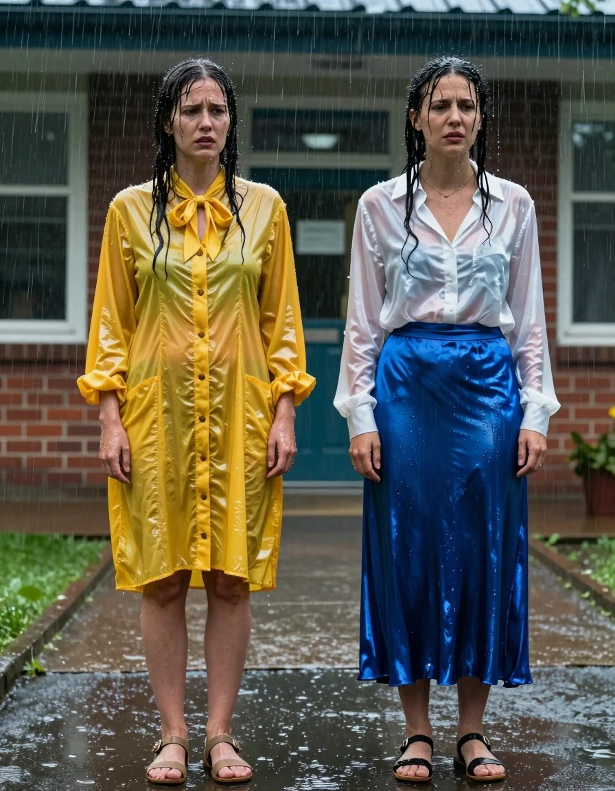 Full-body cinematic shot of two nerdy lesbian teachers in their 30s standing outside a school building during a torrential downpour. The first woman wears an oversized yellow buttoned-down nylon dress with a bowtie, the fabric clinging and darkening significantly from the heavy rain, showing glossy wet sheen and heavy folds. The second woman wears a white long-sleeved satin blouse and a maxi blue silk skirt, the white blouse becoming translucent and clinging to her skin, while the blue silk skirt is soaked, heavy, and shimmering with intense water reflections. Both women are wearing sandals, their skin and hair drenched and dripping with rainwater, expressions of frustrated concern as they realize they are locked out. The environment features a brick school facade, rain streaks visible in the air, puddles forming on the ground, and moody, cool-toned daylight lighting that emphasizes the wet, reflective surfaces of their clothing and skin. Photorealistic, 8k, highly detailed textures, dramatic atmosphere.