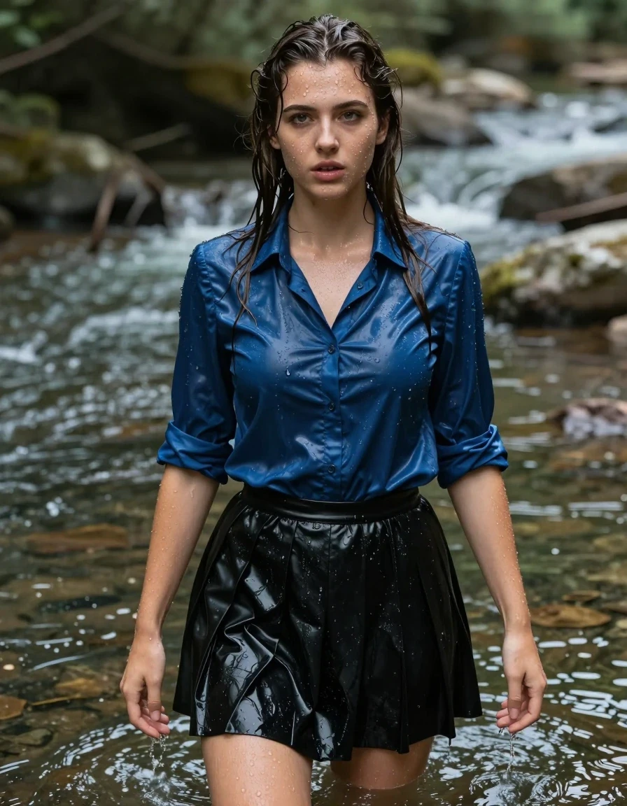photo of young woman, in soaking wet, drenched clothes,
Black shiny school skirt, Satin blue blouse, river, 
enjoying, wet clothes stuck to body,
detailed textures of the wet clothes, wet face, wet plastered hair,
wet, drenched, professional, high-quality details, full body view.
sharp focus, ultra-high pixel detail, realistic, high-quality, full colors, incredibly detailed, 4k, 8k, 16k, hyper-realistic, RAW photo, masterpiece, ultra-detailed, professionally color graded, professional photograph, wet skin, wet clothes, damp fabric