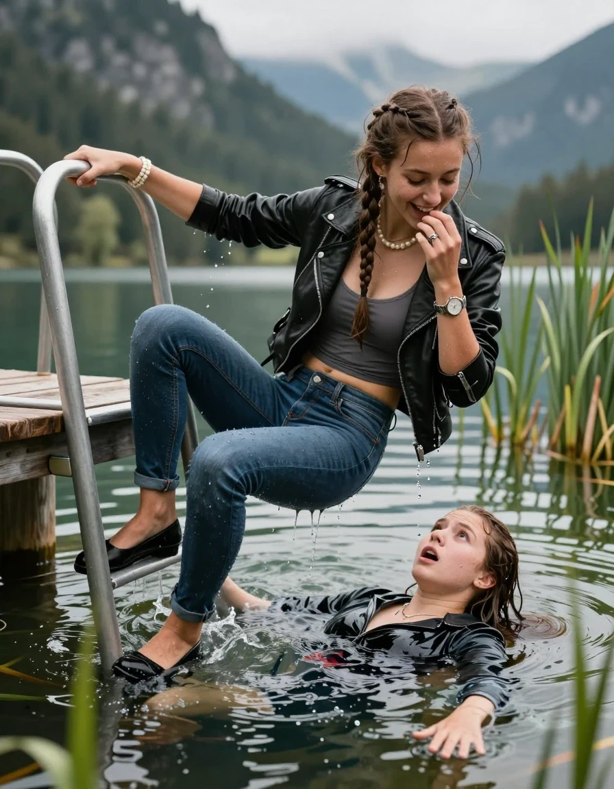 photo of young woman, in soaking wet, drenched clothes,
Heels, Drenched and soaked tight skinny jeans, Black biker leatherjacket, tight sexy tshirt with a wide neckline belly free, handbag, pearl necklace, bracelet, wristwatch , on a wooden bathing platform with a bathing ladder on a beautiful mountain lake. The woman smiles with a sense of adventure and climbs the ladder into the water. The water reaches up to her chest., 
enjoying, wet clothes stuck to body,
detailed textures of the wet clothes, wet face, wet plastered hair,
wet, drenched, professional, high-quality details, full body view.
sharp focus, ultra-high pixel detail, realistic, high-quality, full colors, incredibly detailed, 4k, 8k, 16k, hyper-realistic, RAW photo, masterpiece, ultra-detailed, professionally color graded, professional photograph, Two long braids

15 years old  teenage girl

Laying her breast on the surface.  Looking slightly away. Hold her hand on mouth.

she is completely underwater up to her neck, afraid and astonished expression. 

She hides in the reeds and is surprised by spectators

her submerged clothes are hardly vusible under water, she soaked her handbag into the water

close up view, wet skin, wet clothes, wet hair, damp fabric, water runs down the clothes, wet skin, wet clothes, damp fabric, wet skin, wet clothes, damp fabric, wet skin, wet clothes, damp fabric, wet skin, wet clothes, damp fabric, wet skin, wet clothes, damp fabric, wet skin, wet clothes, damp fabric, wet skin, wet clothes, damp fabric, wet skin, wet clothes, damp fabric, wet skin, wet clothes, damp fabric, wet skin, wet clothes, damp fabric, wet skin, wet clothes, damp fabric, wet skin, wet clothes, damp fabric, wet skin, wet clothes, damp fabric, wet skin, wet clothes, damp fabric, wet skin, wet clothes, damp fabric, wet skin, wet clothes, damp fabric, wet skin, wet clothes, damp fabric, wet skin, wet clothes, damp fabric