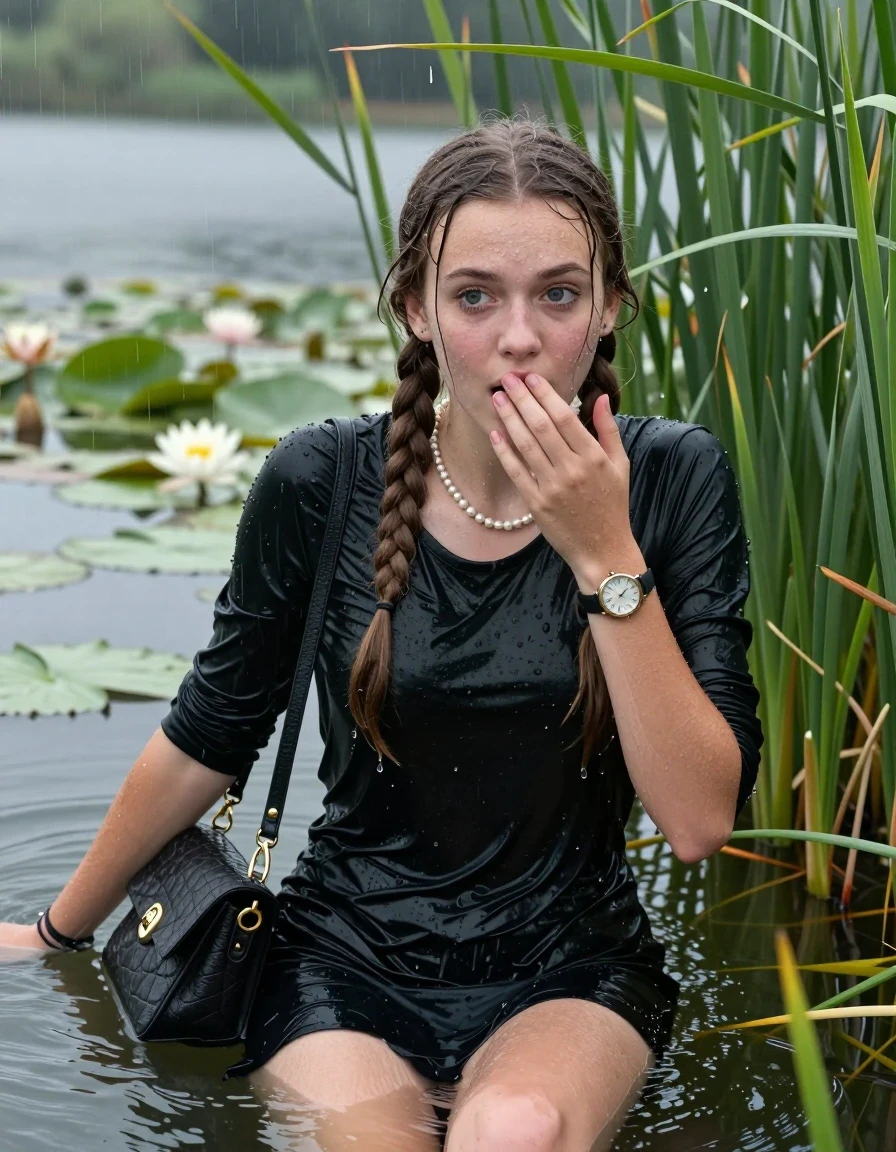 photo of young woman, in soaking wet, drenched clothes,
, , Short black Party dress, handbag, pearl necklace, bracelet, wristwatch , Emerging after diving in a lake with water lilies and reeds, rain , 
enjoying, wet clothes stuck to body,
detailed textures of the wet clothes, wet face, wet plastered hair,
wet, drenched, professional, high-quality details, full body view.
sharp focus, ultra-high pixel detail, realistic, high-quality, full colors, incredibly detailed, 4k, 8k, 16k, hyper-realistic, RAW photo, masterpiece, ultra-detailed, professionally color graded, professional photograph, Two long braids

15 years old  teenage girl

Laying her breast on the surface.  Looking slightly away. Hold her hand on mouth.

she is completely underwater up to her neck, afraid and astonished expression. 

She hides in the reeds and is surprised by spectators

her submerged clothes are hardly vusible under water, she soaked her handbag into the water

close up view, wet skin, wet clothes, wet hair, damp fabric, water runs down the clothes, wet skin, wet clothes, damp fabric, wet skin, wet clothes, damp fabric, wet skin, wet clothes, damp fabric, wet skin, wet clothes, damp fabric, wet skin, wet clothes, damp fabric, wet skin, wet clothes, damp fabric, wet skin, wet clothes, damp fabric, wet skin, wet clothes, damp fabric, wet skin, wet clothes, damp fabric, wet skin, wet clothes, damp fabric, wet skin, wet clothes, damp fabric, wet skin, wet clothes, damp fabric, wet skin, wet clothes, damp fabric, wet skin, wet clothes, damp fabric, wet skin, wet clothes, damp fabric, wet skin, wet clothes, damp fabric, wet skin, wet clothes, damp fabric, wet skin, wet clothes, damp fabric