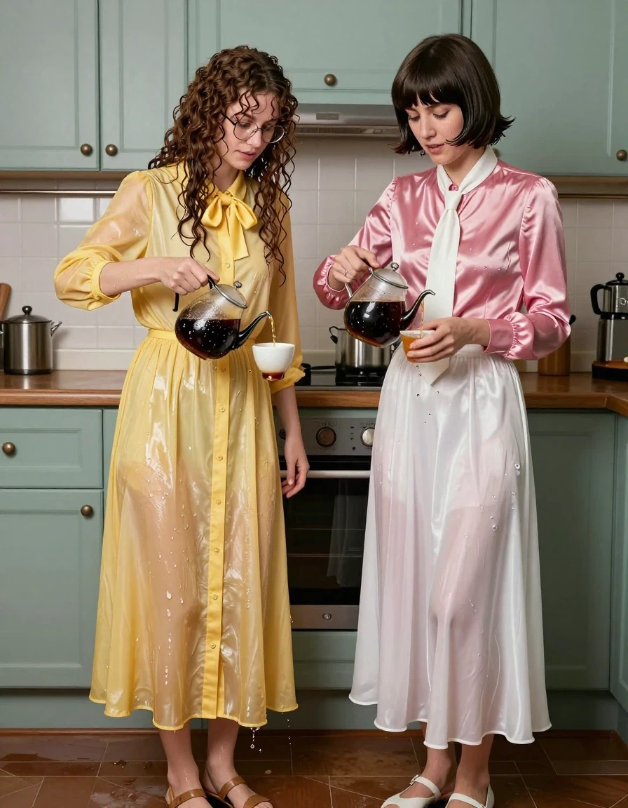 photo of young woman, in soaking wet, drenched clothes,
sandals, both: floor-length long dress or skirt, 1st long curly haired woman: glasses, oversized  floor-length yellow buttoned-down nylon dress with bowtie; 2nd Beatles haired woman: pink long-sleeved satin blouse with white necktie,  floor-length white silk skirt, kitchen, 
enjoying, wet clothes stuck to body,
detailed textures of the wet clothes, wet face, wet plastered hair,
wet, drenched, professional, high-quality details, full body view.
sharp focus, ultra-high pixel detail, realistic, high-quality, full colors, incredibly detailed, 4k, 8k, 16k, hyper-realistic, RAW photo, masterpiece, ultra-detailed, professionally color graded, professional photograph, lesbian nerdy teachers are pouring coffee on each other, wet skin, wet clothes, damp fabric