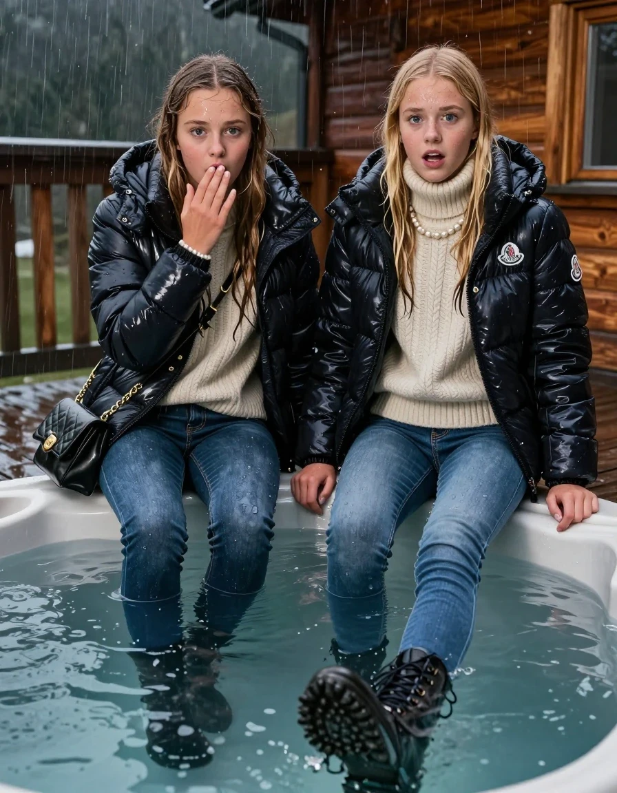 photo of young woman, in soaking wet, drenched clothes,
Boots, Drenched and soaked tight skinny jeans, Moncler shiny Puffer down jacket and Puffer down jacket from north face,  knit turtelneck sweater, handbag, pearl necklace, bracelet, wristwatch , A realistic fashion photograph of  two 15-year-old girl  under Heavy Rain swimming in a steaming hot tub on a wooden mountain cabin deck at night. Heavy Rain., 
enjoying, wet clothes stuck to body,
detailed textures of the wet clothes, wet face, wet plastered hair,
wet, drenched, professional, high-quality details, full body view.
sharp focus, ultra-high pixel detail, realistic, high-quality, full colors, incredibly detailed, 4k, 8k, 16k, hyper-realistic, RAW photo, masterpiece, ultra-detailed, professionally color graded, professional photograph, Blonde Sleek long straight hair

Two 15-years-old teenage girl. 

Hold a hand over her mouth. Open mouth, big eyes. 

All girls wear different clothes.

One is completely underwater up to her neck, horny afraid and astonished expression.

All girls Laying her breast on the surface. Legs and Bodys are under the surface.

her submerged clothes are hardly visible under water, she soaked her handbag into the water

close up view, wet skin, wet clothes, wet hair, damp fabric, water runs down the clothes, wet skin, wet clothes., wet skin, wet clothes, damp fabric